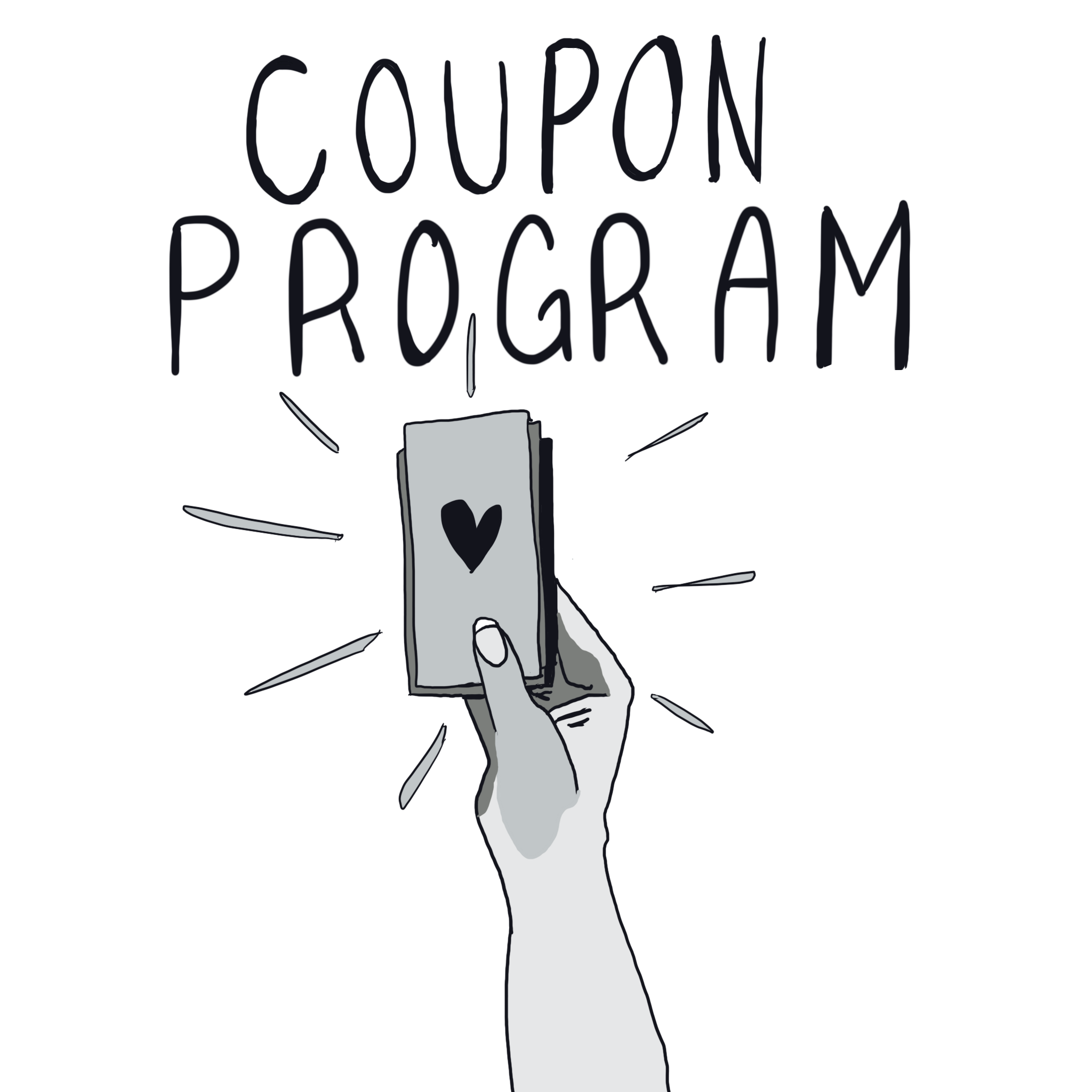 Illustration of a hand holding a smartphone with a heart on the screen, surrounded by lines and the text 'Coupon Program' above.