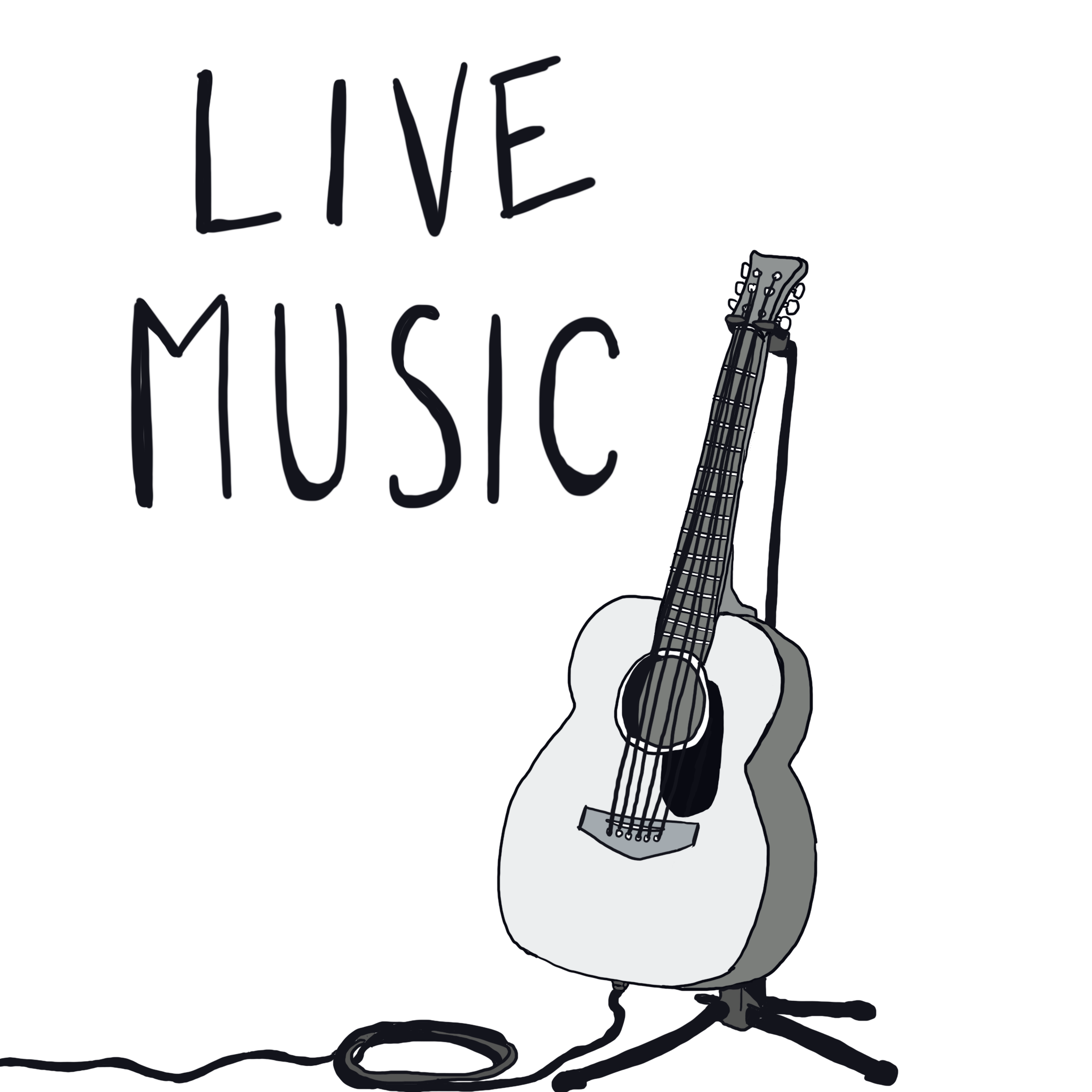 An illustrated guitar leaning against a black background with the words 'Live Music' written above it in black handwritten text.