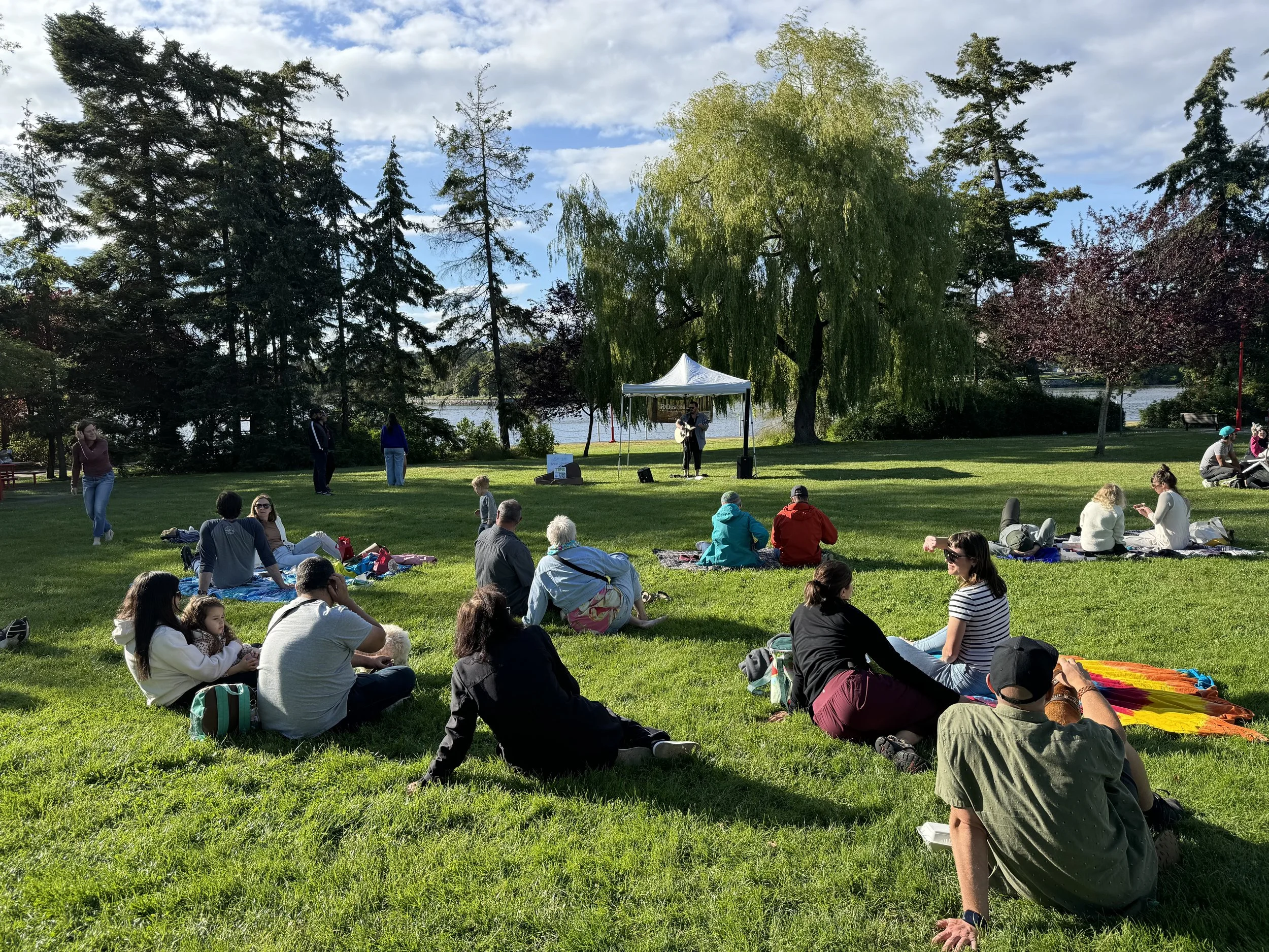 People gather on a grassy area in Memorial Park near a body of water, with several trees and a performer playing guitar under a canopy.