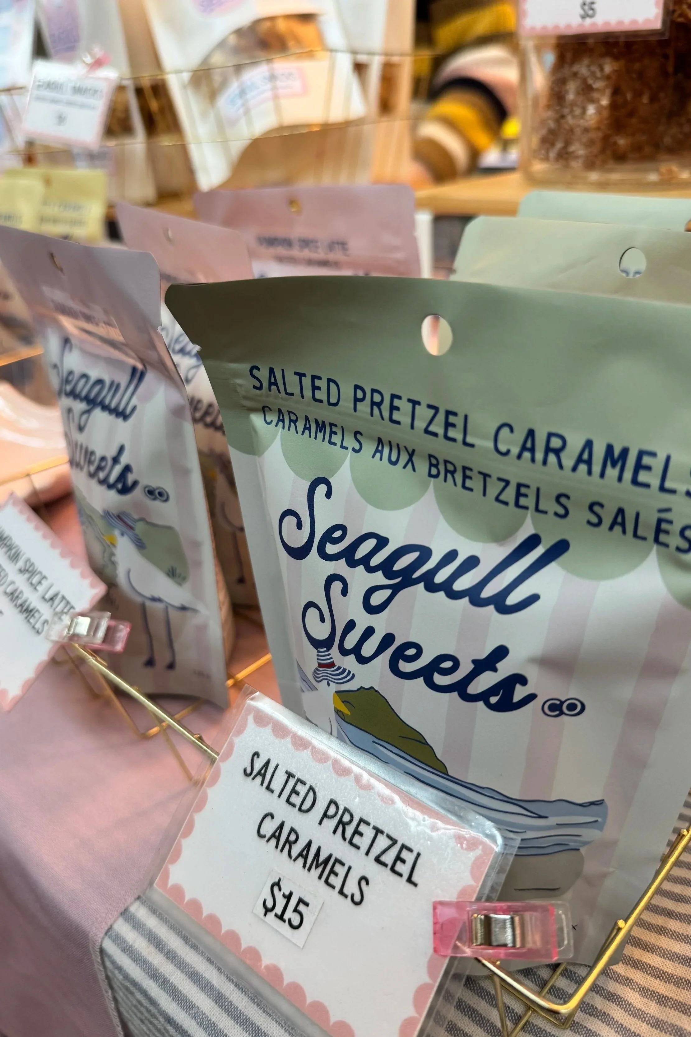 Packaged salted pretzels with caramel and sea salt on display at the Esquimalt Farmers Market.