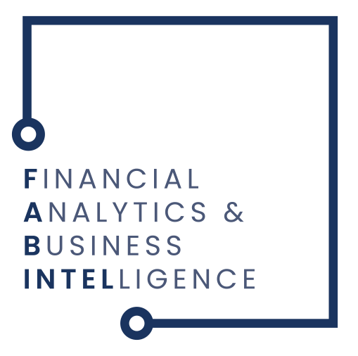 Logo for Financial Analytics & Business Intelligence with a dark blue circuit-like design elements.