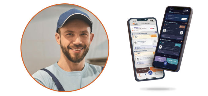 Servicetekniker i rund figur og qwips service solution i app skjermbilde og illustrasjon
