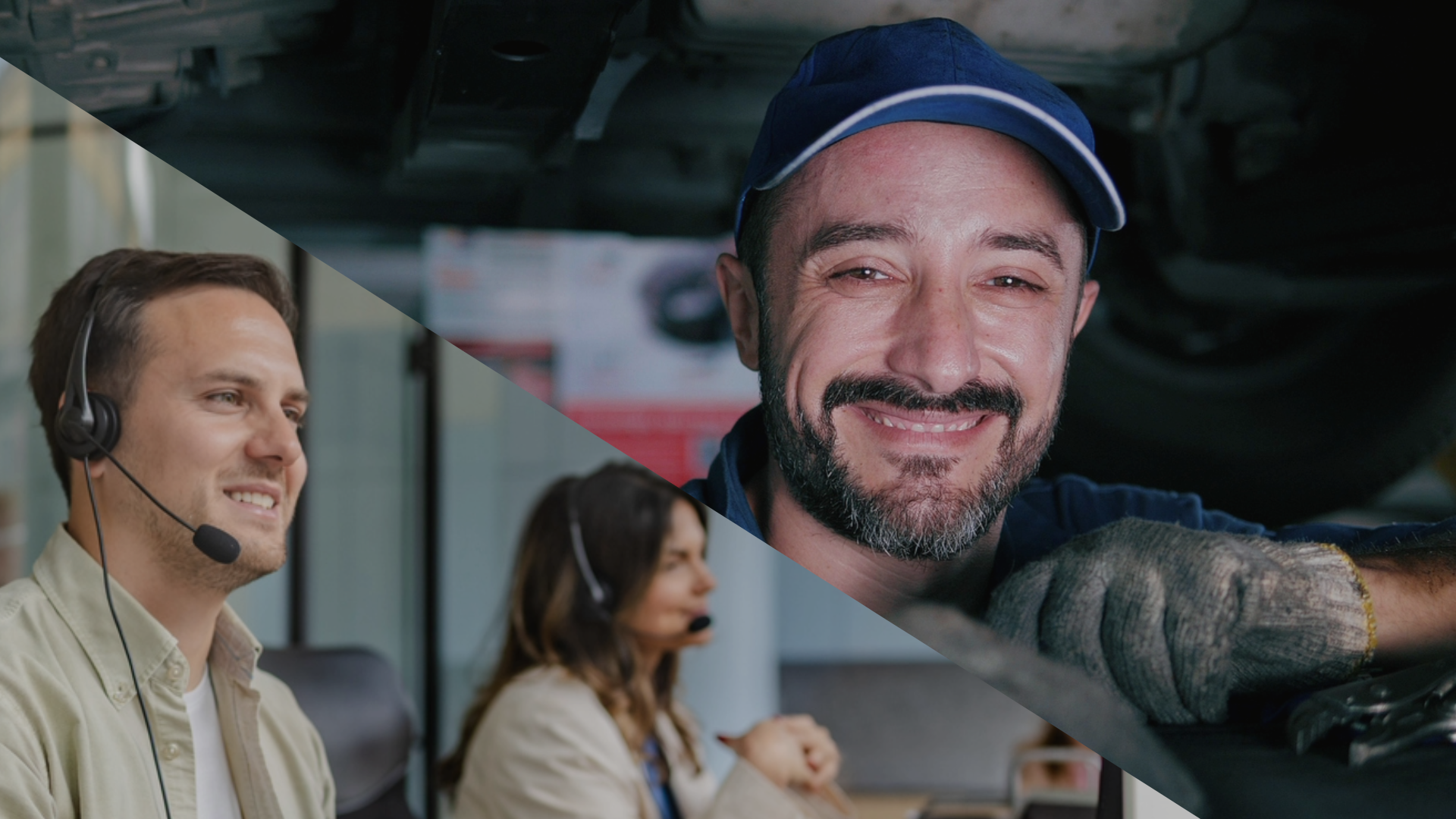 Servicetekniker i serviceoppdrag som smiler, backoffice servicesupport som smiler