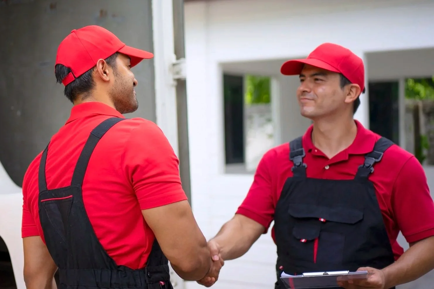 To menn i røde arbeidsklær og capter håndhilser på hverandre utendørs, med arbeidstøy og en klimaanlegg eller tank i bakgrunnen.