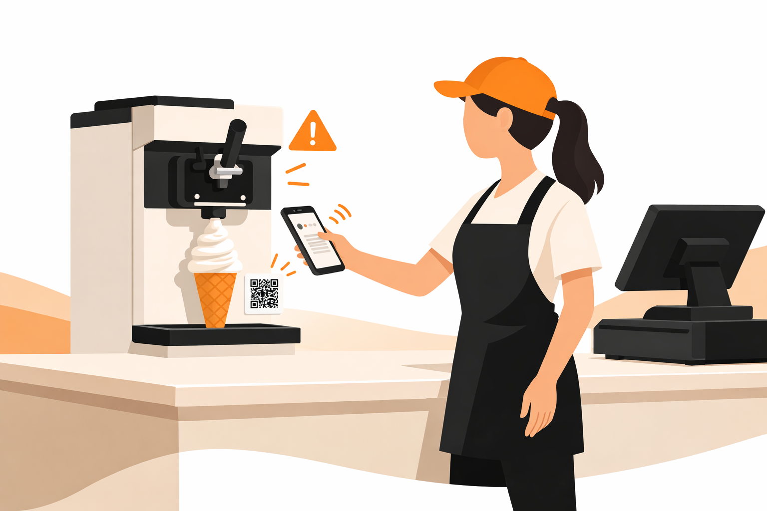 Servicemedarbeider i orasnje caps og sort forkle som scanner qr kode på iskrem maskin