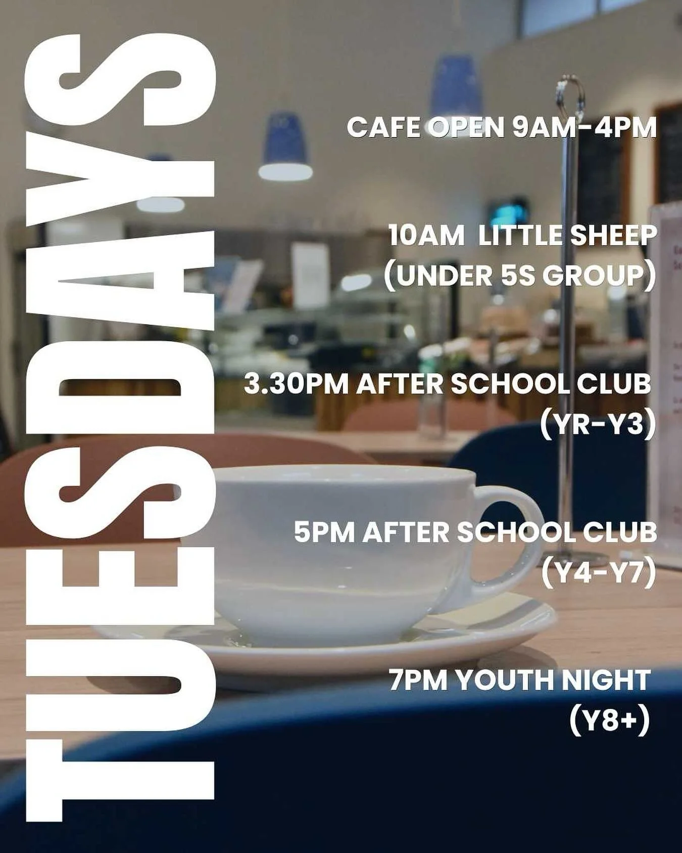 Our usual Tuesday children's and youth groups are back on from today. Plus the cafe is open for an extra hour (until 4pm), so why not come and enjoy a little after school treat? 🍰 ☕️ 😁