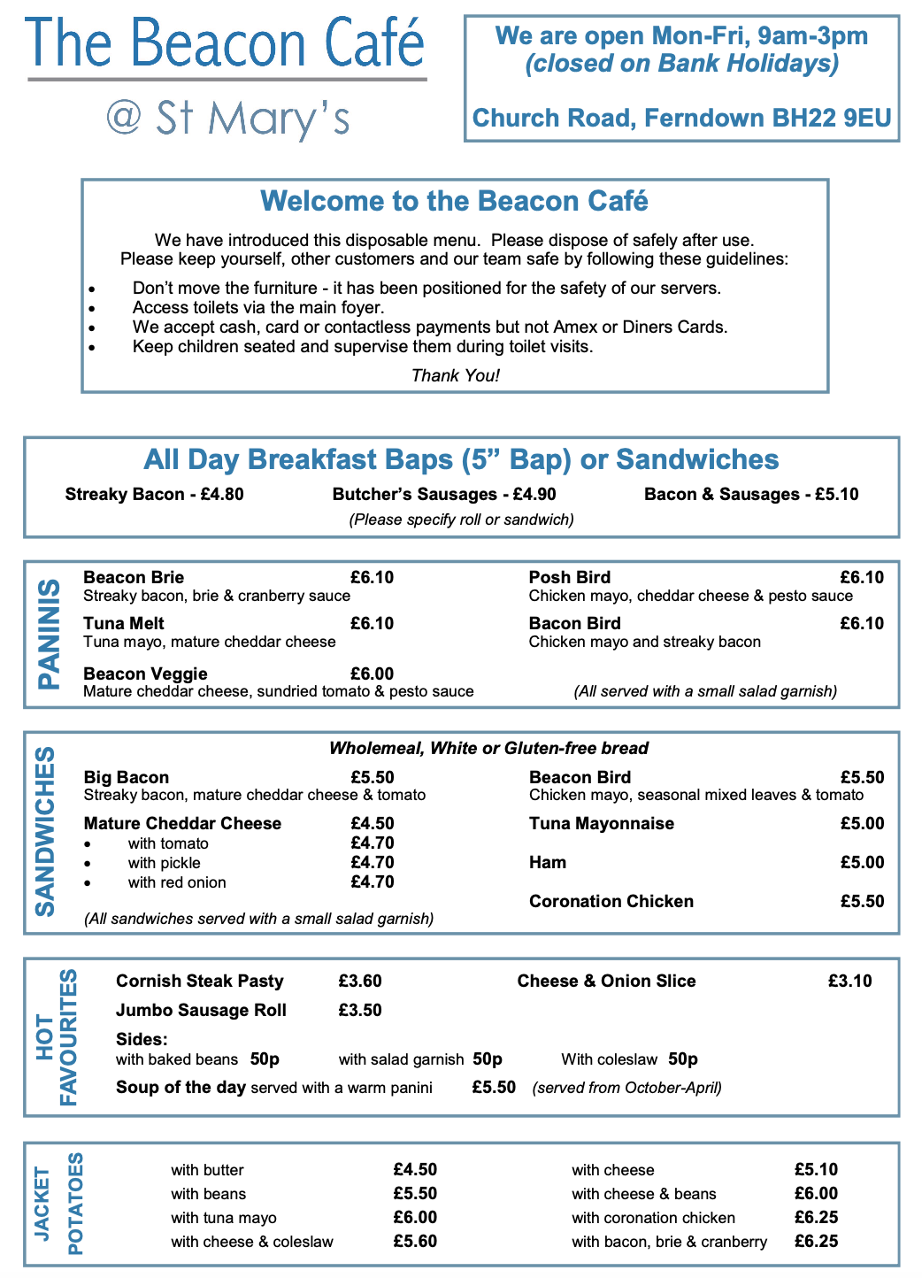 Cafe menu — St Mary's Ferndown