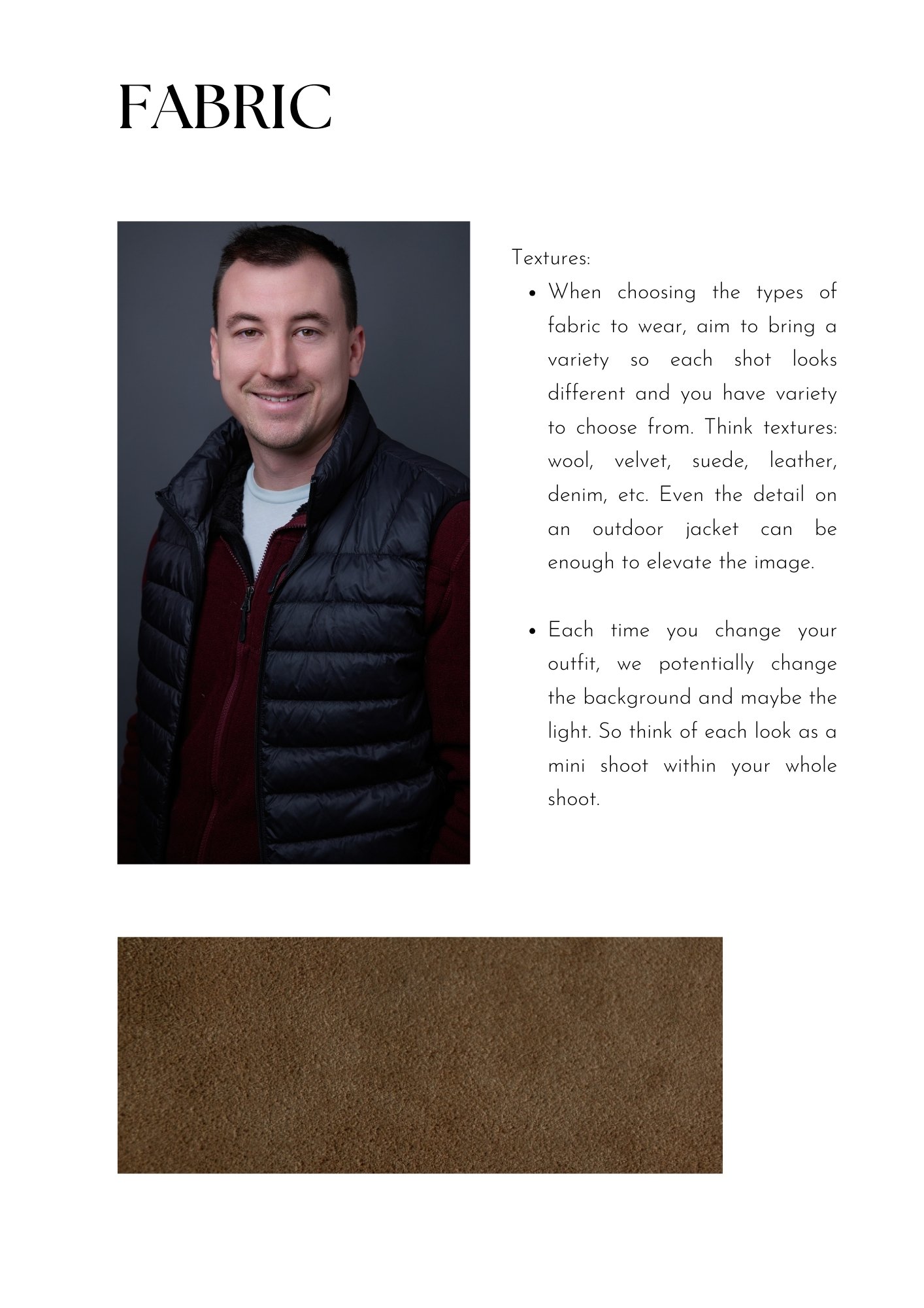A printed page with the heading 'FABRIC' at the top, a photograph of a smiling man wearing a navy blue puffy outdoor jacket, some text about fabric textures, and an image of brown fabric at the bottom.