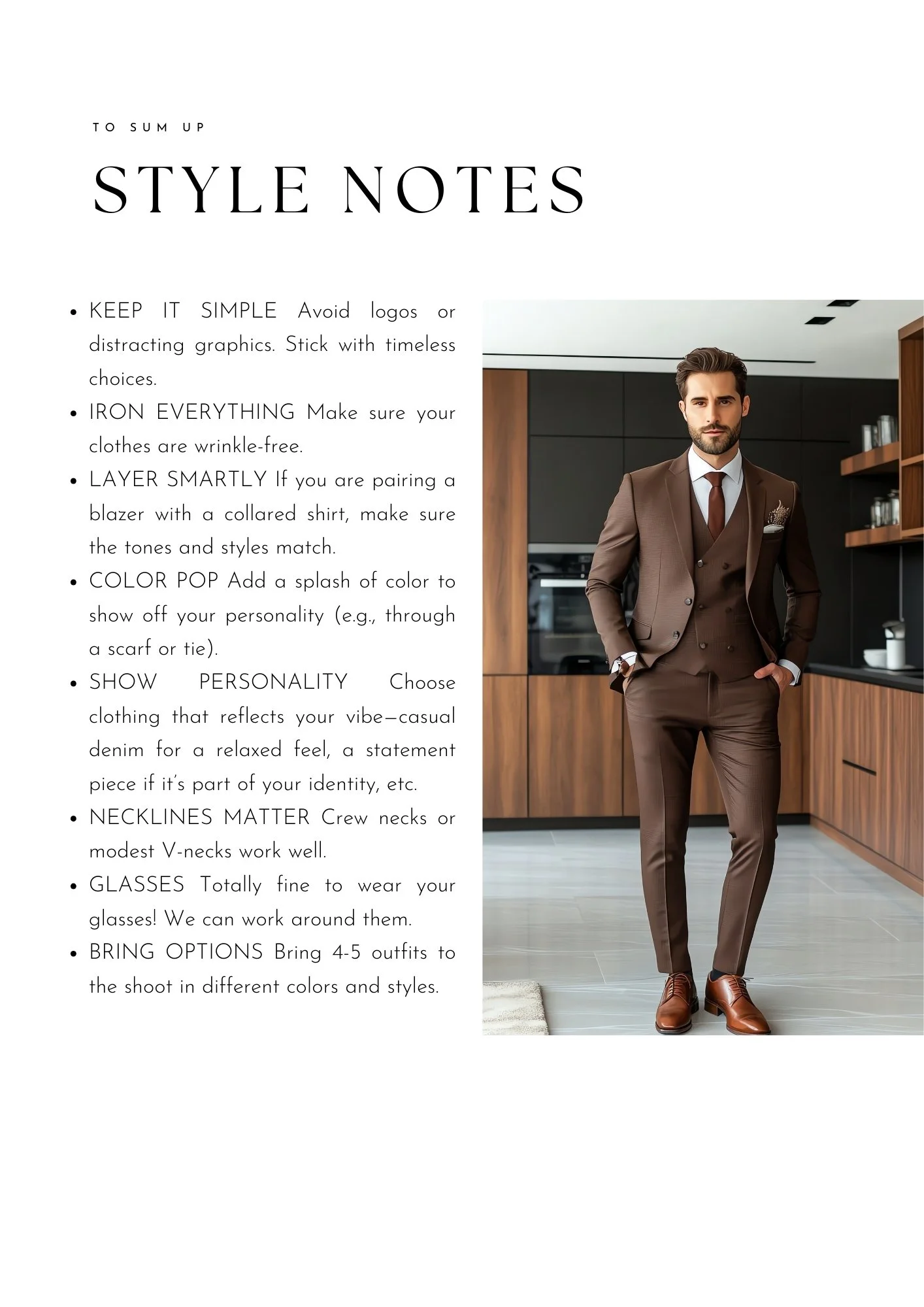 A man in a brown suit and tie standing in a modern kitchen.