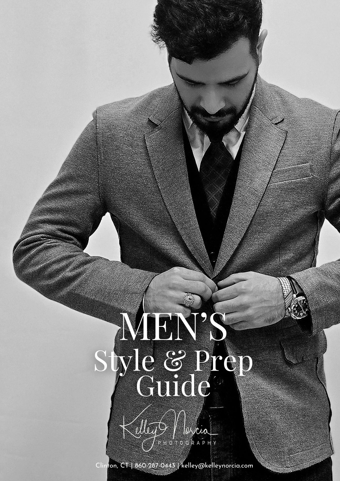 Black and white photo of a man in a suit adjusting his blazer, with text overlay reading 'Men's Style & Prep Guide' and contact information at the bottom.