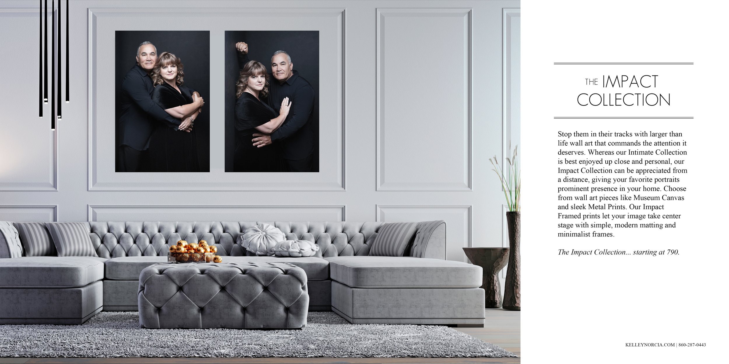 A modern living room with a large gray tufted sectional sofa, gray and white pillows, a tray of cupcakes on the sofa's ottoman, a shaggy gray rug, and two large framed photographs of a man and woman in black clothing on a white wall. To the right, there is text describing the Impact Collection of wall art.