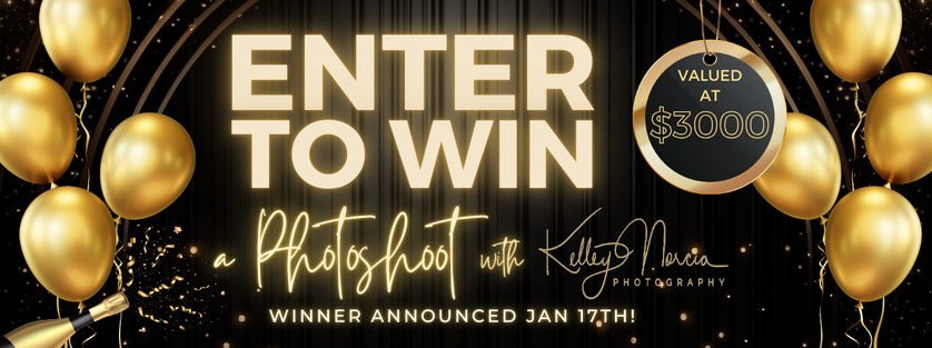 Black and gold themed contest banner with balloons, promoting entering to win a photoshoot valued at $3000, with a winner announced on January 17th.