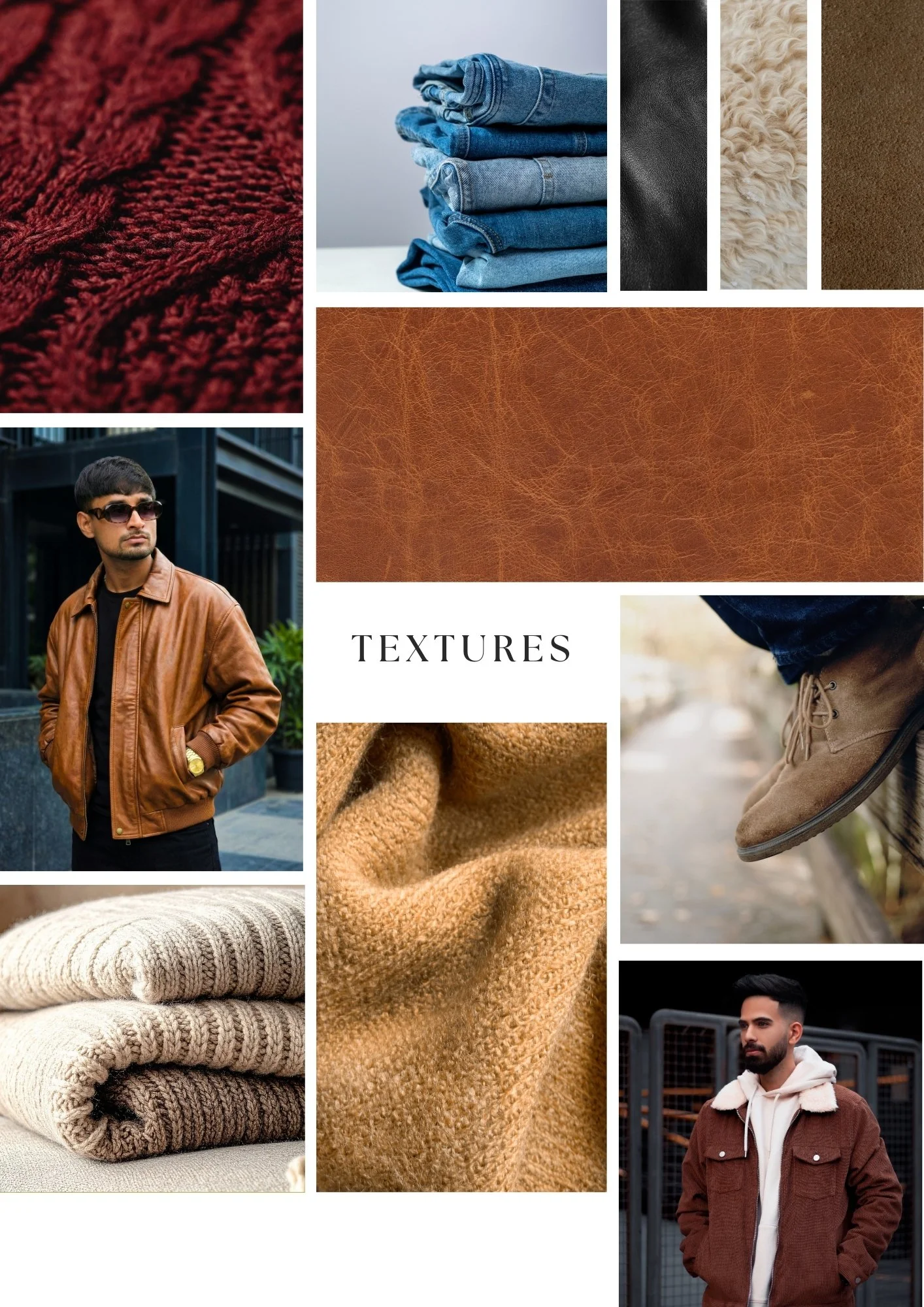 A collage of textures including red knitted fabric, stacked jeans, black leather, cream sheepskin, brown suede, brown leather, beige fleece, and a man wearing a brown leather jacket with a black shirt and sunglasses, another man with a brown shearlin