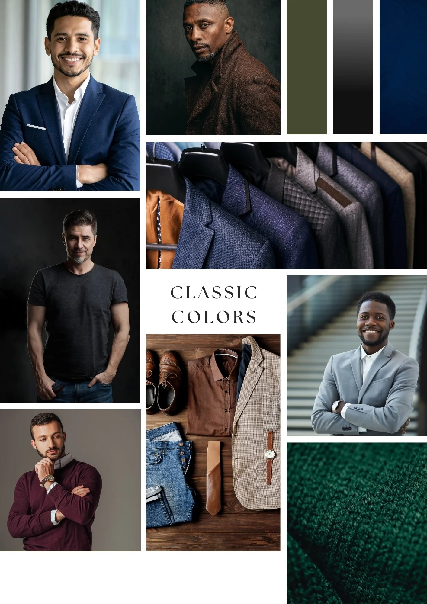 Collage of men's fashion, including portraits of four men in different outfits, a clothing rack with classic-colored suits, a flat lay of men's clothing and accessories, and fabric swatches labeled 'Classic Colors'.