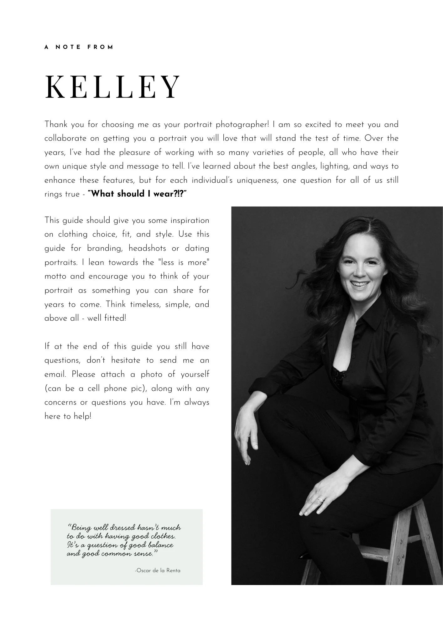 A note from Kelley featuring a portrait of a smiling woman with long wavy hair, dressed in black, sitting on a stool against a dark background.