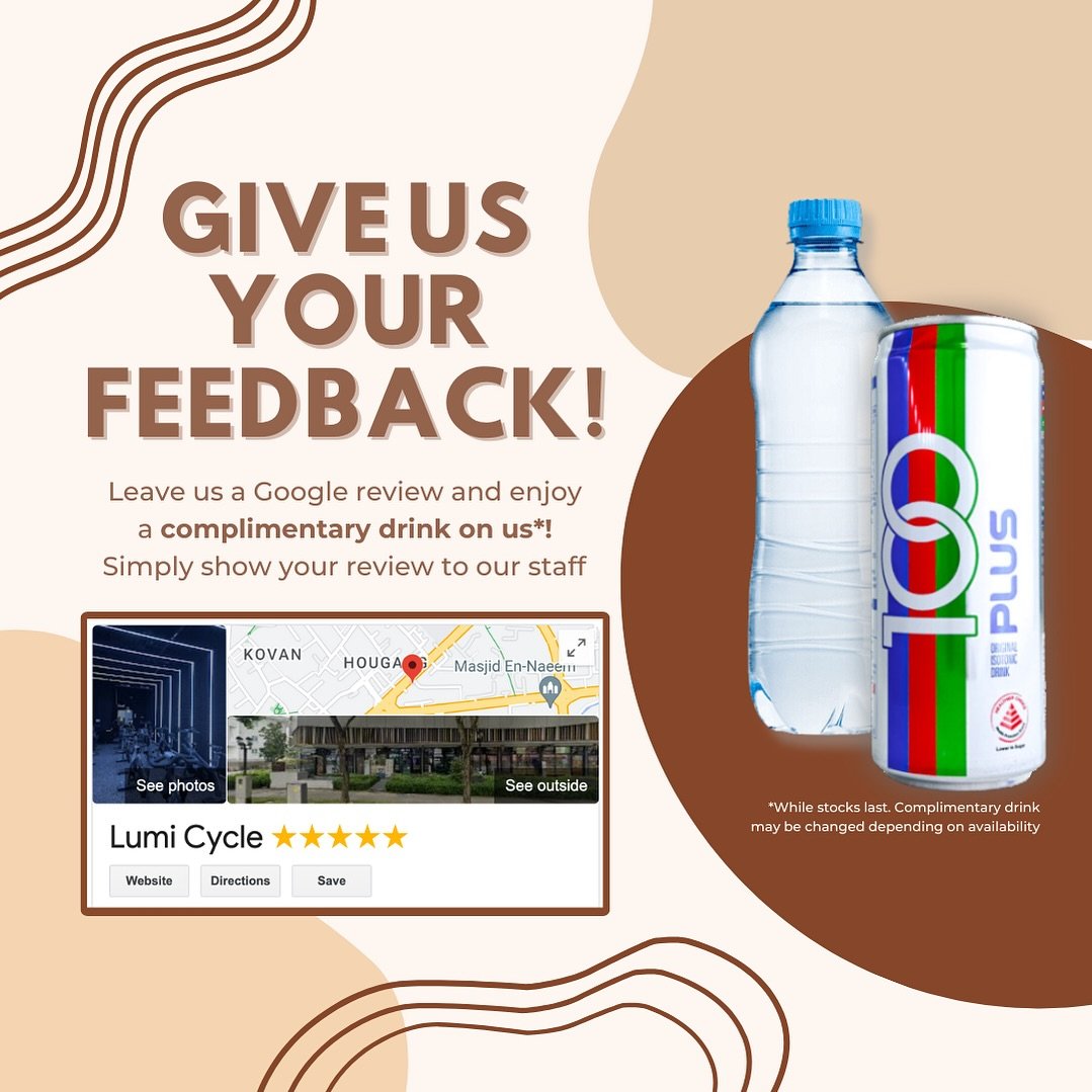 Love our classes? Enjoy a complimentary drink on us 🥤Simply leave a positive review along with your thoughts on our Google page today 💯 We take all feedbacks very seriously and are dedicated to give our riders the best experience at Lumi Cycle so w