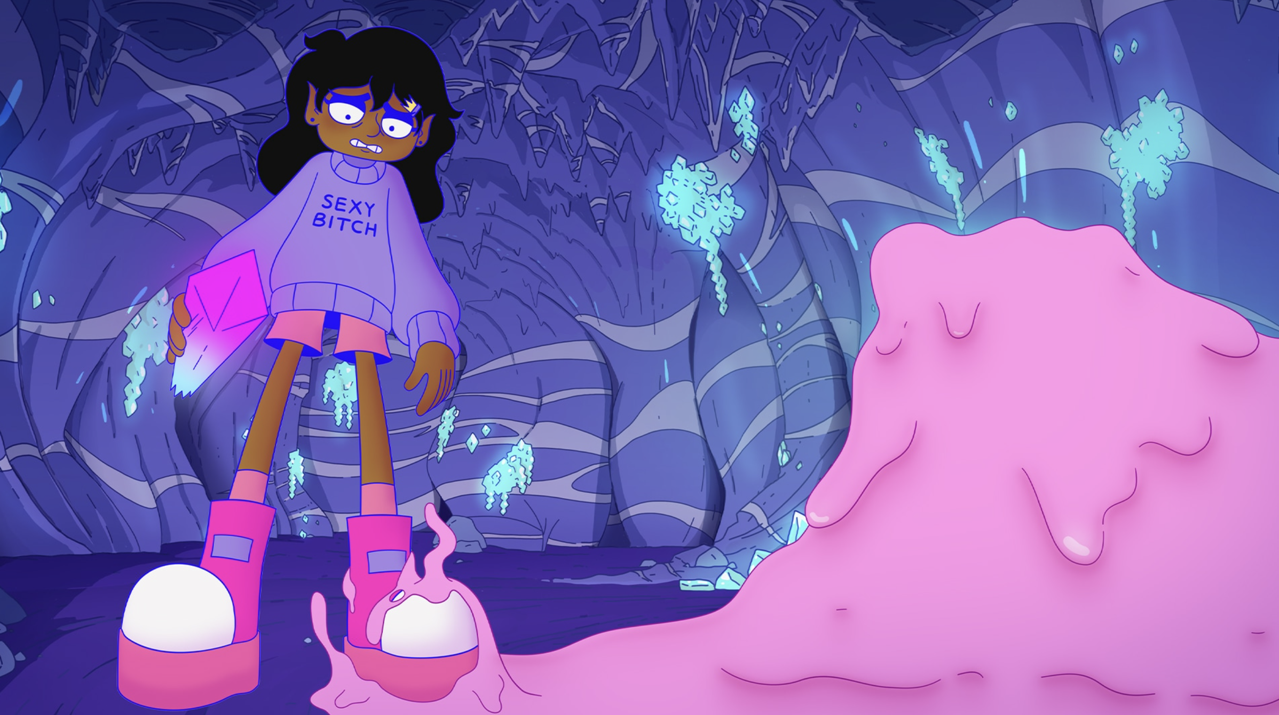 Space princess Saira standing in a dark cave holding a pink crystal and her left foot is being consumed by some pink goo.