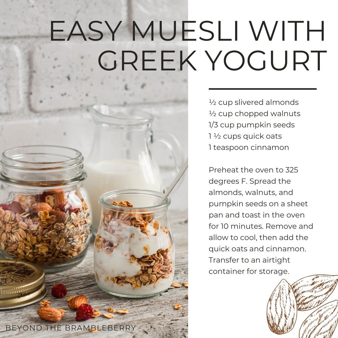 This simple muesli recipe is a staple for the Mediterranean diet. It is perfect for breakfast or snacks, and the varieties are nearly endless when paired with Greek yogurt, fresh or dried fruit, nuts, and so much more! Additional topping ideas includ