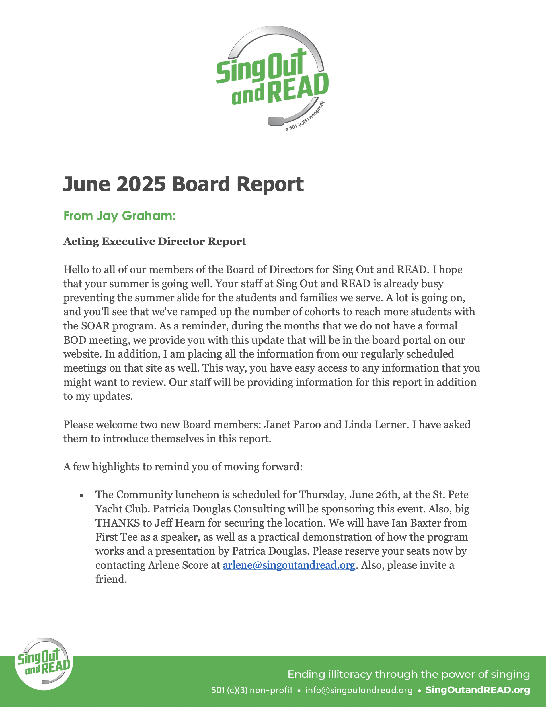 Bi-Monthly Board Report: June 2025