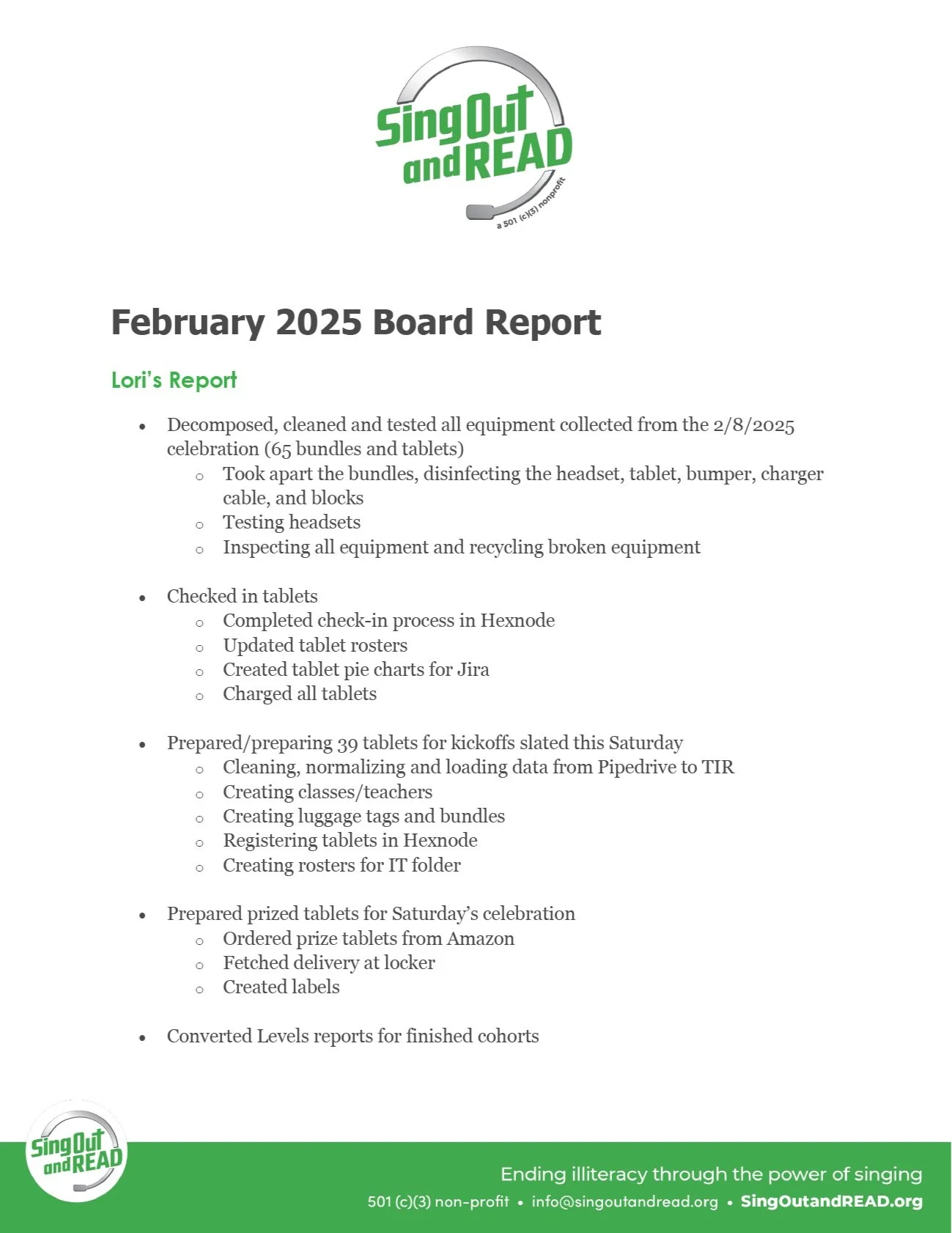 Bi-Monthly Board Report: February 2025