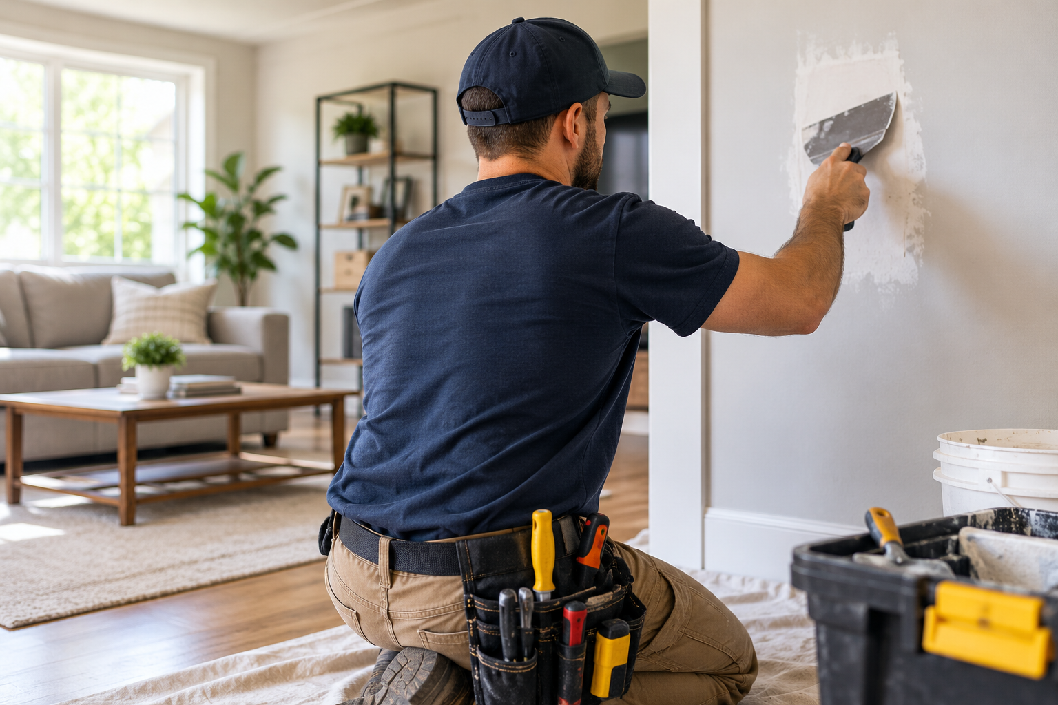 Handyman patching a hole on the living room drywall