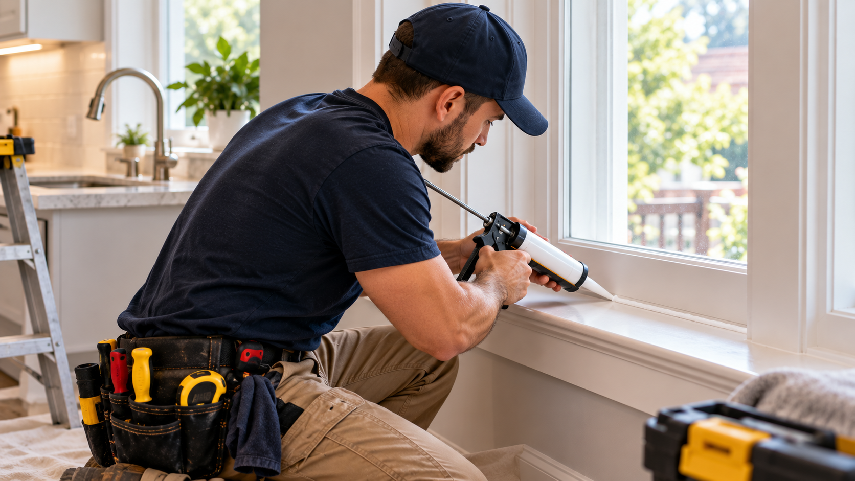 Handyman caulking a bright kitchen window.