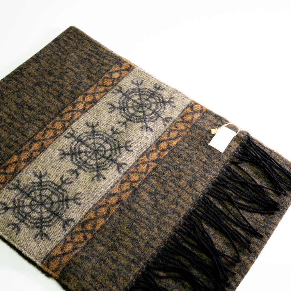  Genuinely lovely woollen chenille mix scarves with celtic decoration. Yours or your nearest Handsome Pillager’s for just £32.50.  