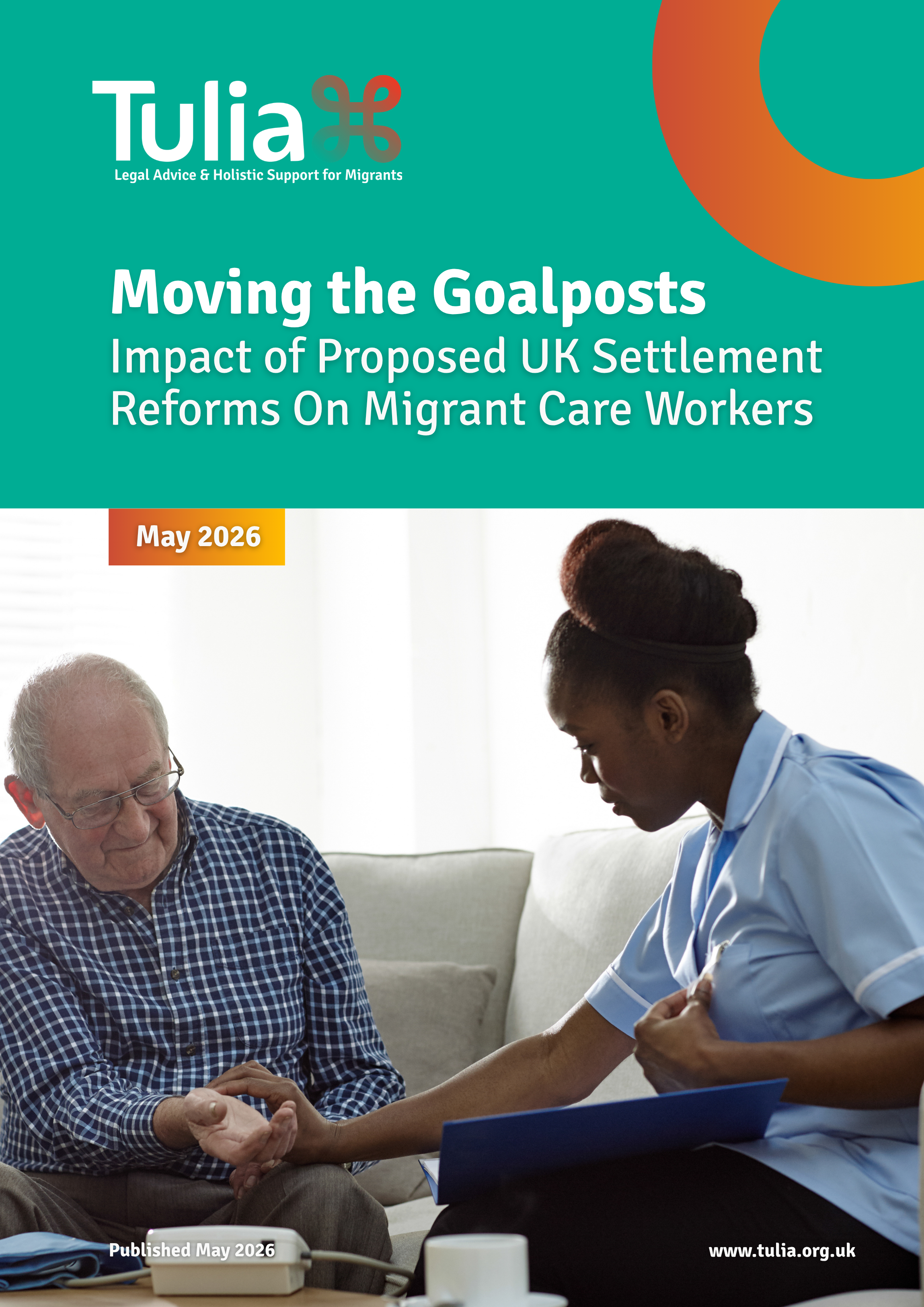 Close-up of a woman with short curly hair, wearing earrings, looking thoughtfully into the distance against a blurred natural background, on the cover of a report titled 'Impact Report 2023' by Tulia, focusing on legal advice and holistic support for migrants.