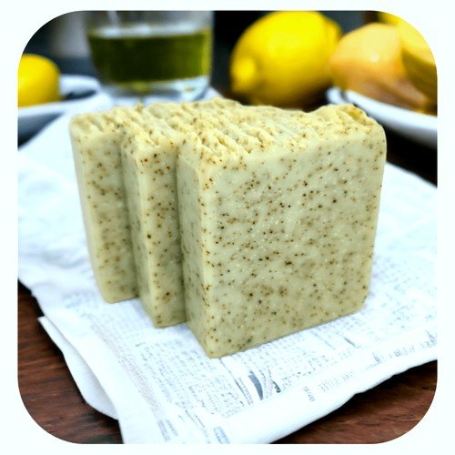 Handmade green tea and lemongrass scrub soap with tea leaf exfoliation on cloth with fresh lemons