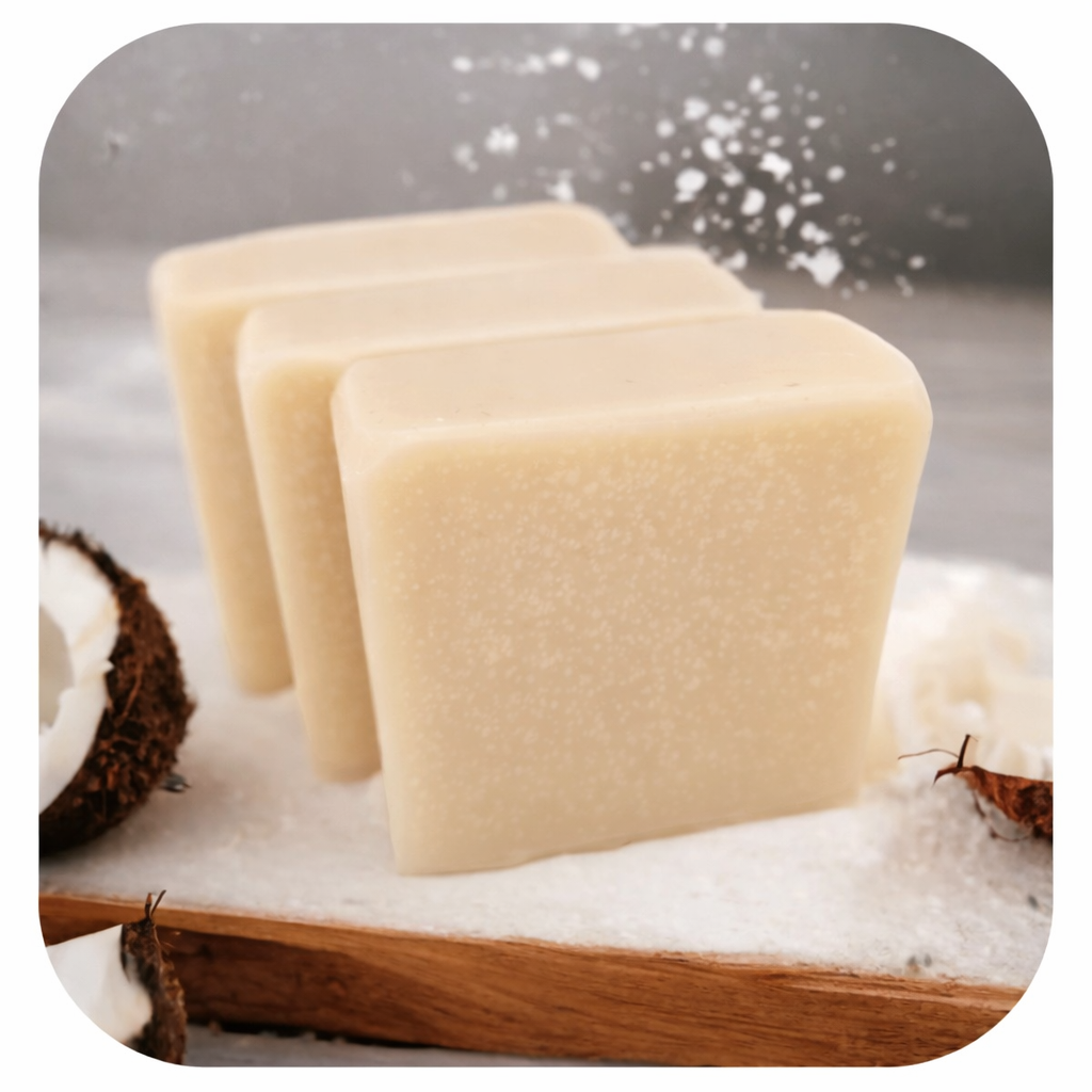 Natural coconut milk soap for sensitive skin with creamy white bars and coconut pieces