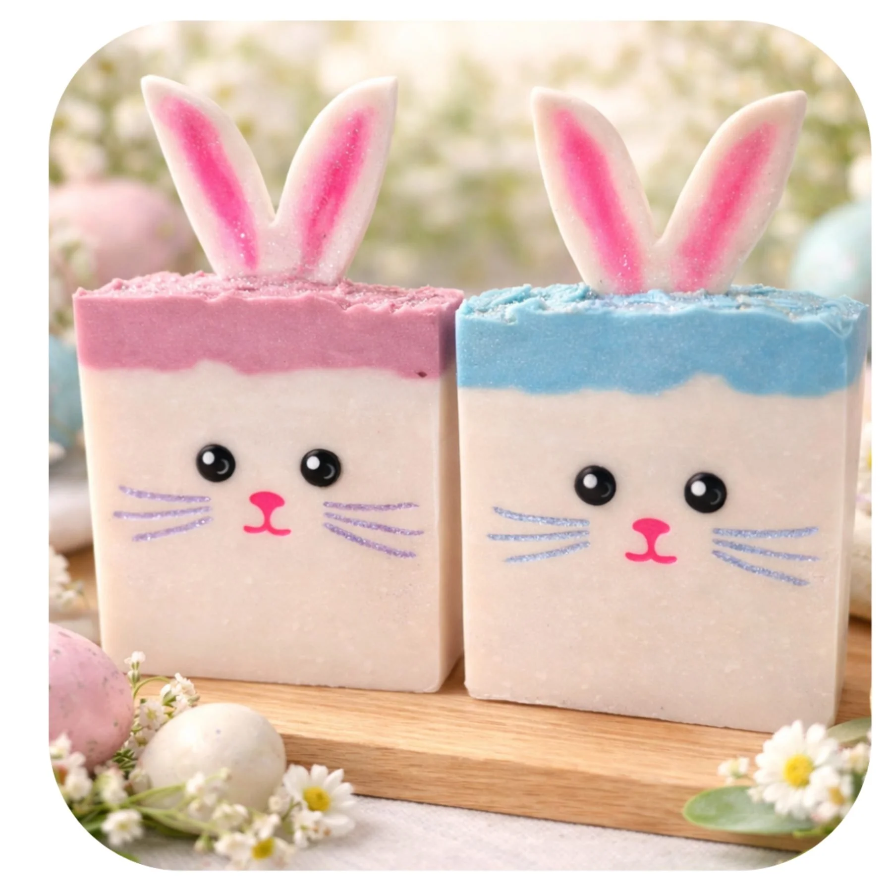 Handmade Easter bunny soaps with pastel pink and blue tops, cute bunny ears and decorative faces on a wooden tray