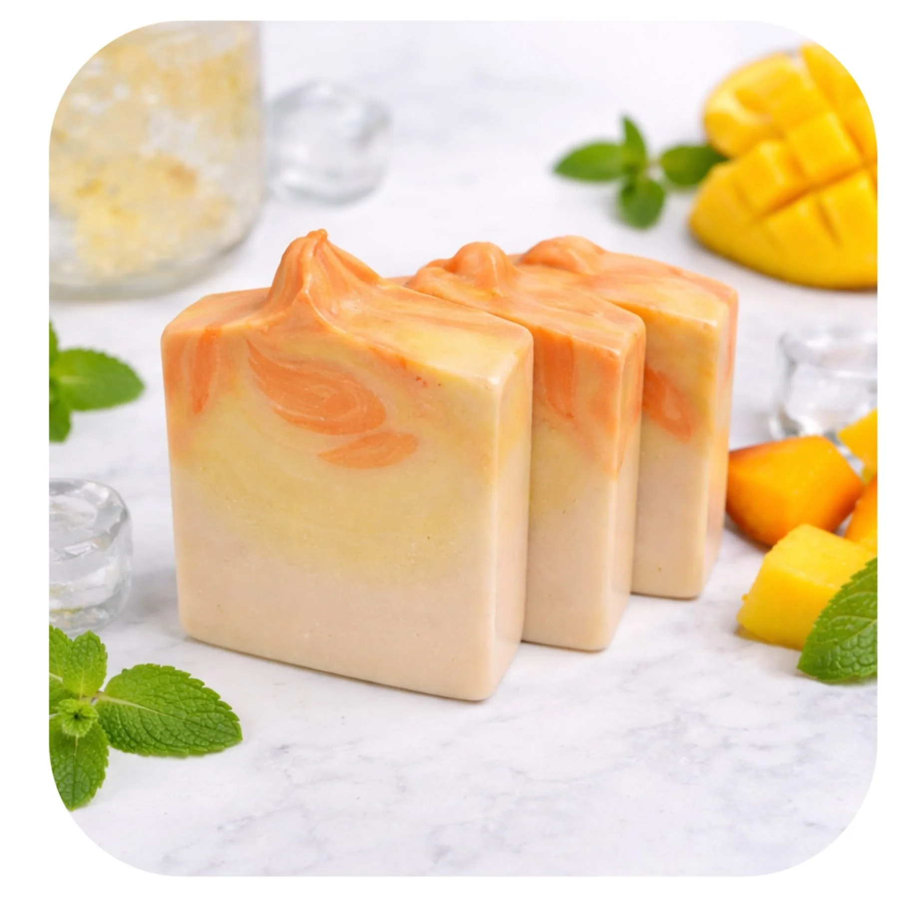 Handmade mango fizz soap with soft orange swirls, styled with fresh mango pieces, mint leaves and ice cubes.