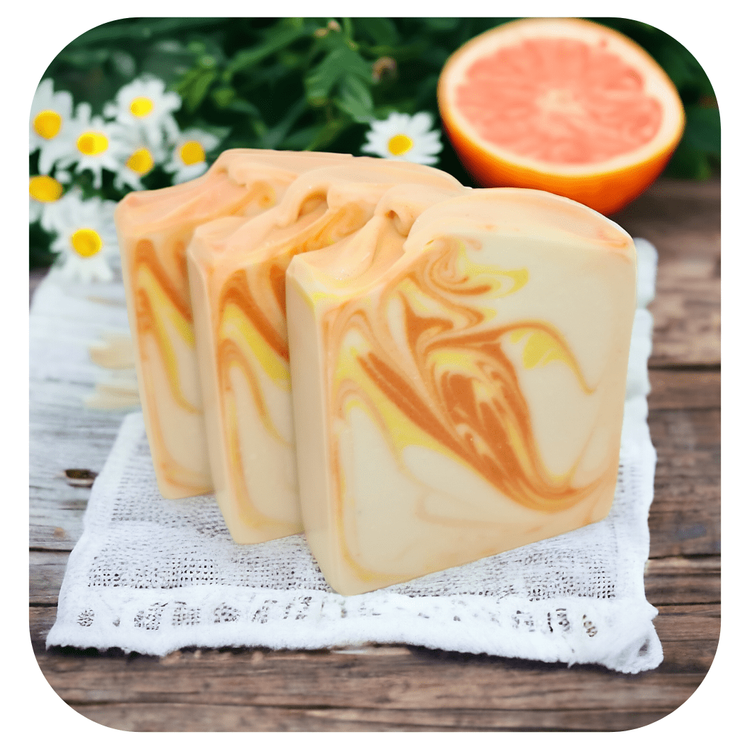 Handmade chamomile and grapefruit soap with citrus swirl and floral notes