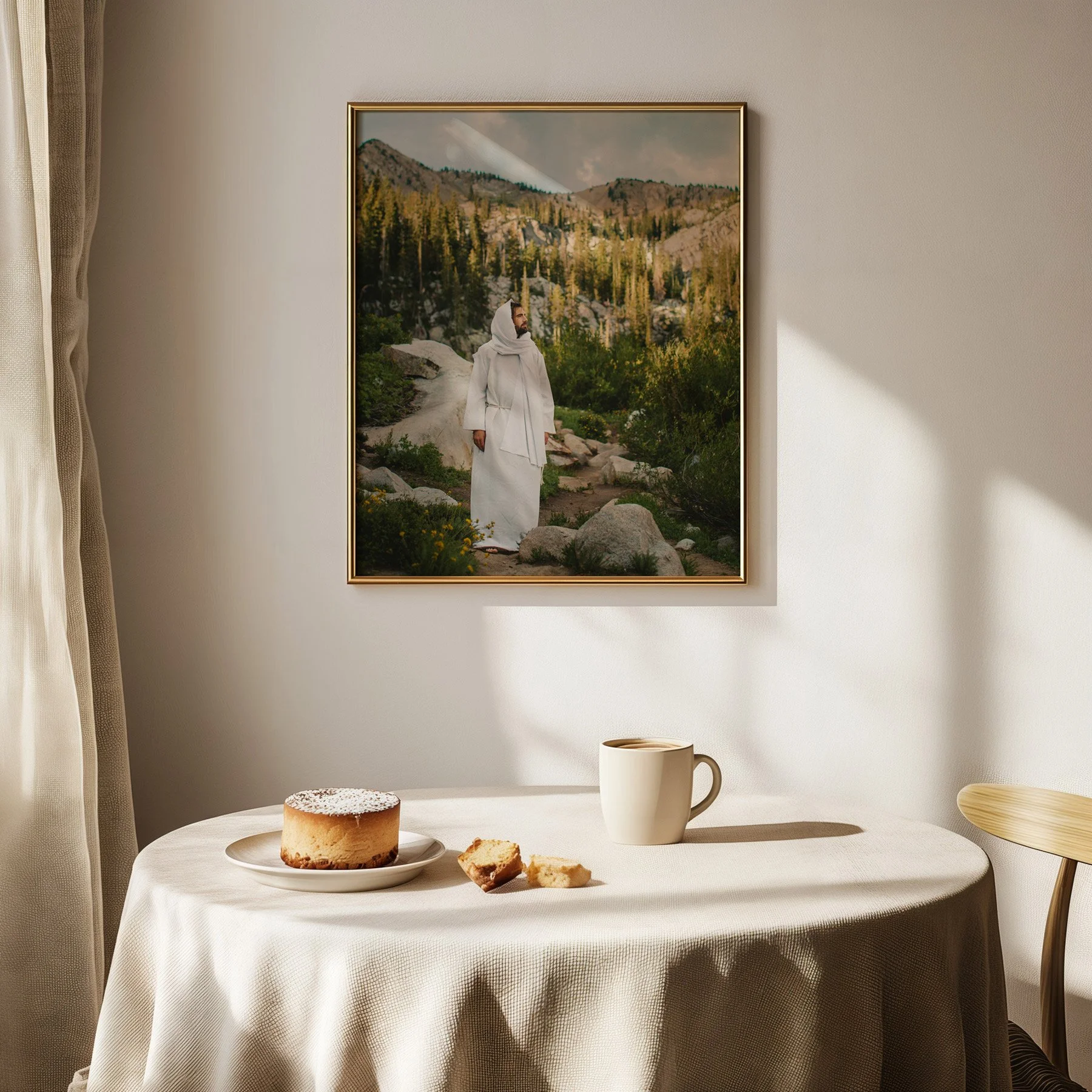 Christian wall art of Jesus in nature, hung above a bed in a bright, neutral-toned bedroom.