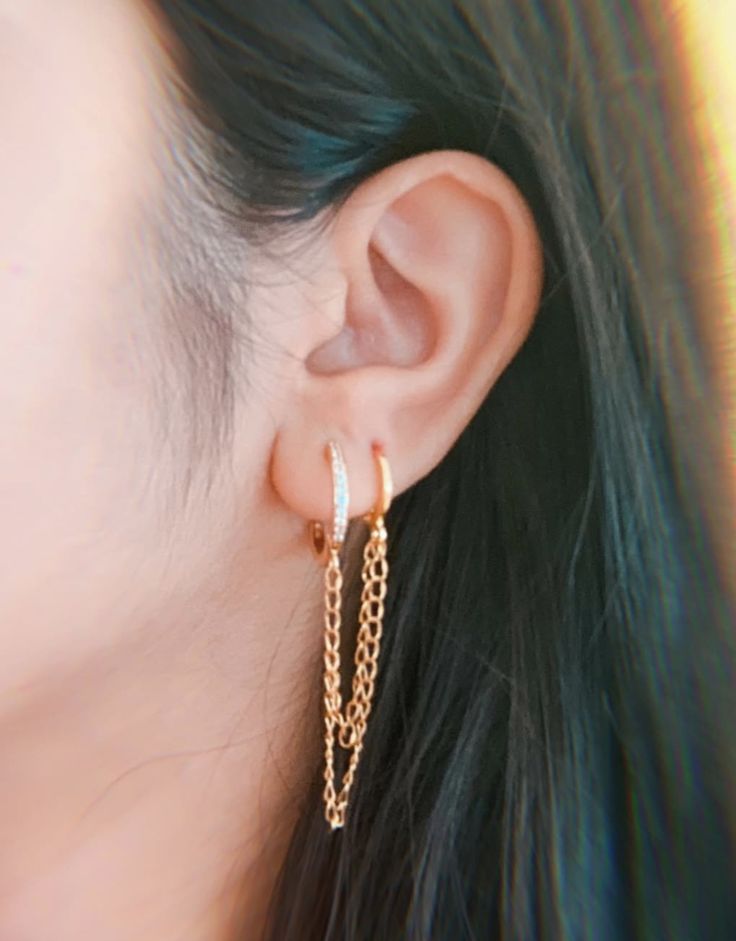 Studded Double Piercing Chained Earrings, Gold
