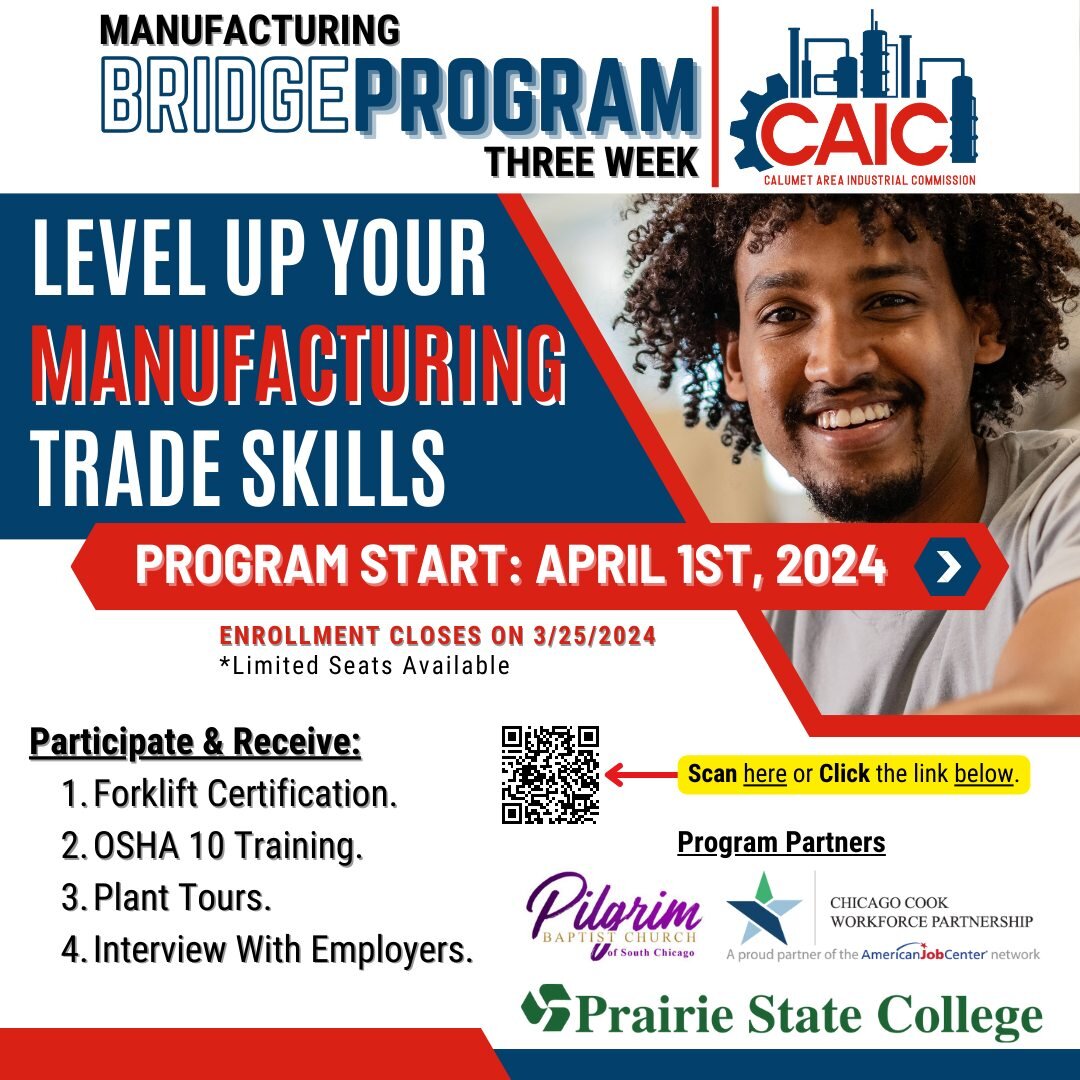 LAST CALL! Seats are filling up fast for our Bridge Program! Claim your while you still can.

The Calumet Area Industrial Commission's Bridge Program is your gateway to advancement in the manufacturing industry. Join us for a thorough three-week trai