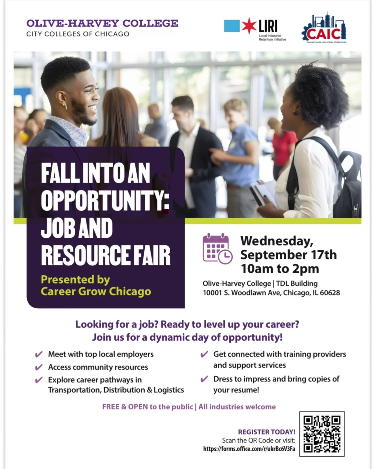 🚨 Looking for a job or new career path? 🚨
Join us at the Fall Into an Opportunity: Job and Resource Fair hosted by Career Grow Chicago in partnership with  Calumet Area Industrial Commission &amp;  Olive-Harvey College. 🌟

📅 Wednesday, September 