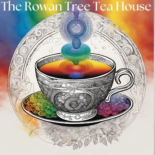 A black and white ornate teacup and saucer with a colorful rainbow background. There are rainbow-colored candies on the saucer, and multicolored liquids in the teacup. Above the teacup, a rainbow-colored swirl is shown, and the text reads 'The Rowan Tree Tea House'.