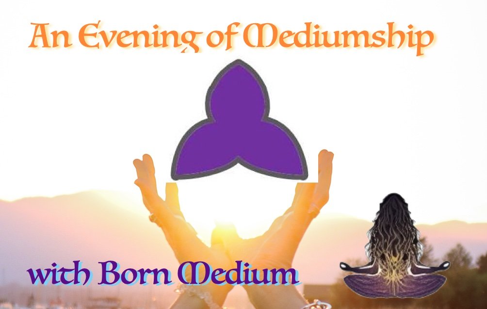 An advertisement for an event called 'An Evening of Mediumship with Born Medium' featuring a person seated cross-legged in a meditative pose with long wavy hair, a purple and black symbol above their head, and the event's title in orange and purple t