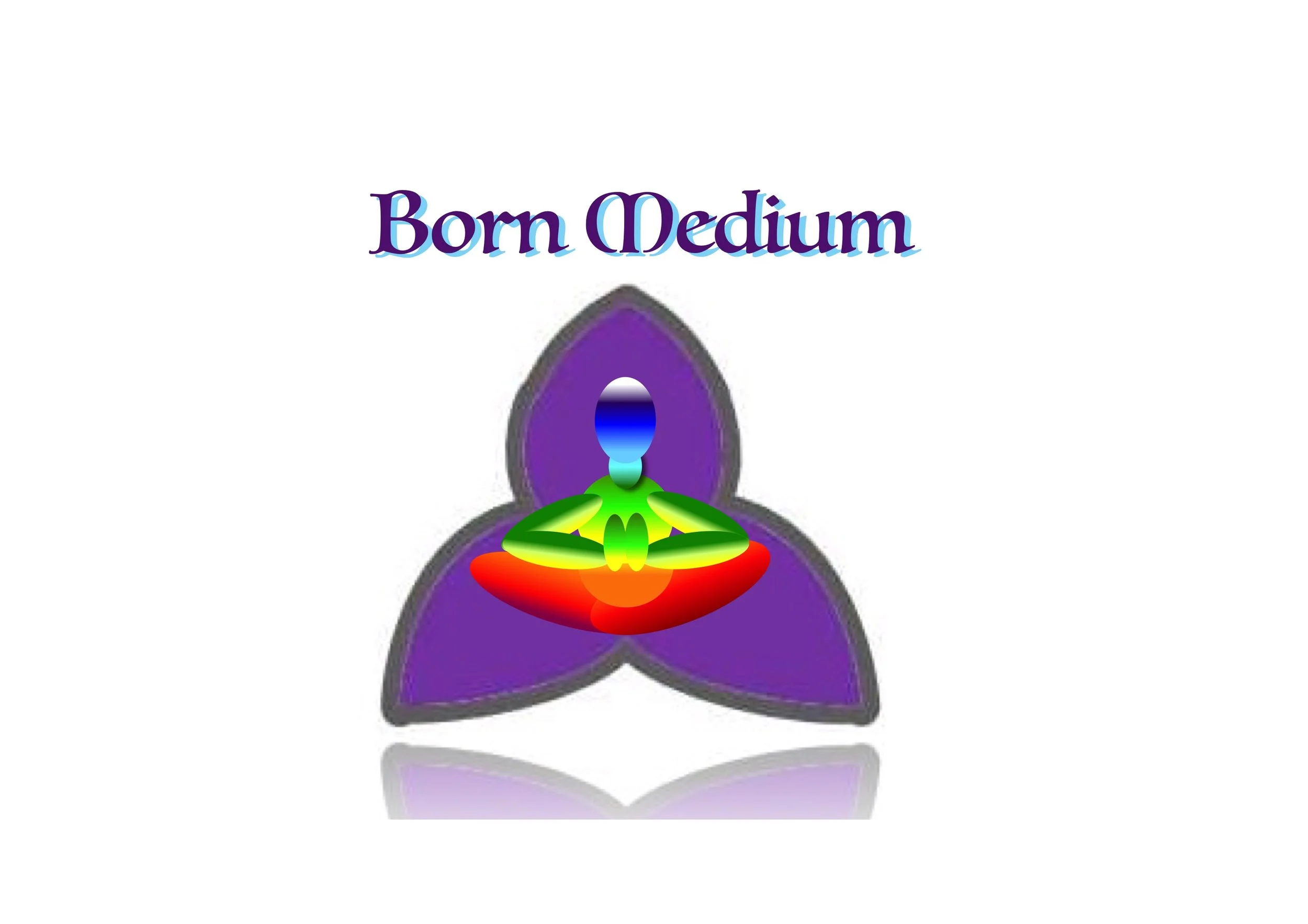 A colorful illustration of a meditating figure with a rainbow gradient, sitting cross-legged inside a purple flower with three petals. The words 'Born Medium' are written above the flower in stylized purple and blue text.