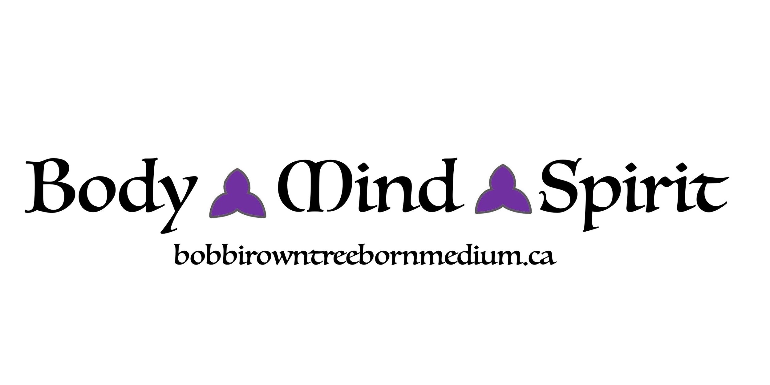 Text logo reading "Body Mind Spirit" with purple triquetra symbols between the words, and the website URL bobbiowntreebournmedium.ca below.