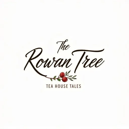 Logo for The Rowen Tree Tea House Tales with a simple design including a small branch with red berries and green leaves.