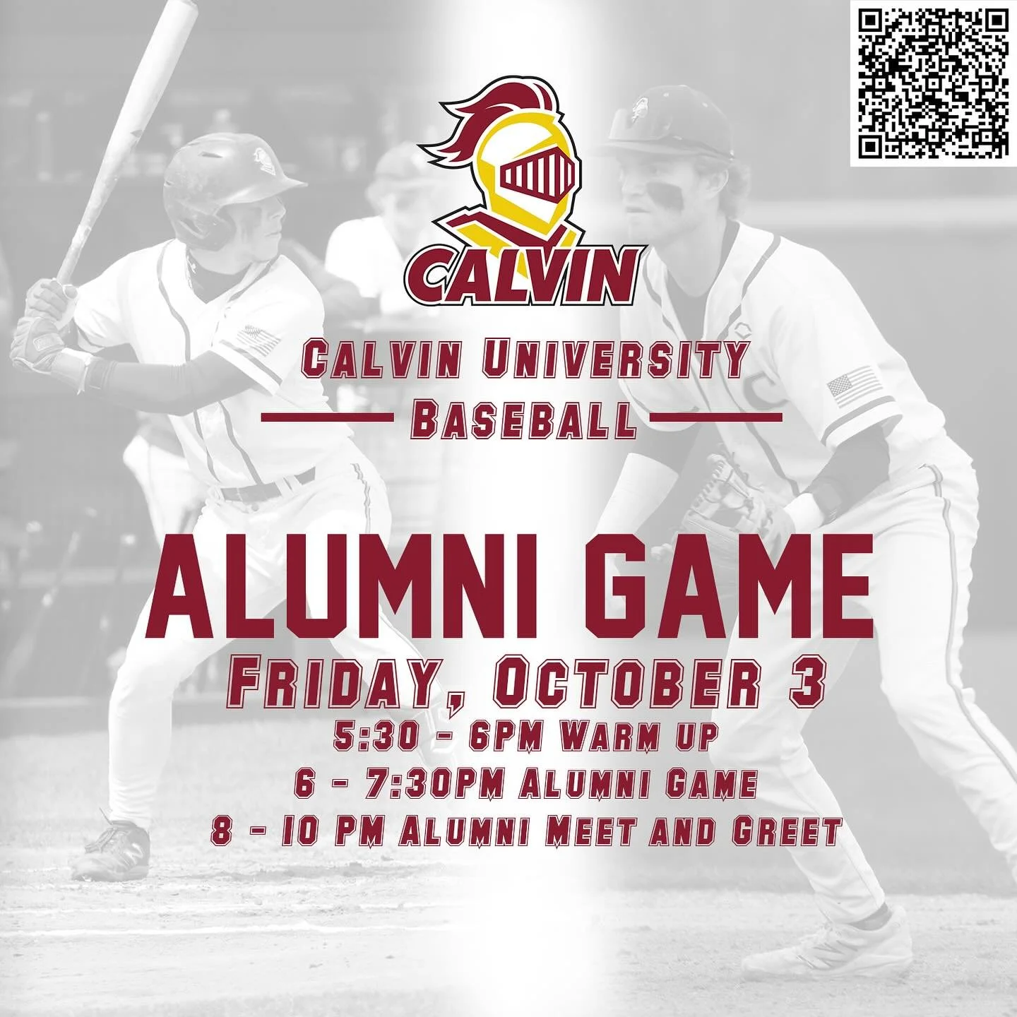 ALL ALUMNI‼️

COME OUT TO OUR ANNUAL ALUMNI GAME ON OCTOBER 3‼️

Scan the QR code and please contact Coach Schipper (jss44@calvin.edu) to register.

GO KNIGHTS‼️⚾️⚔️