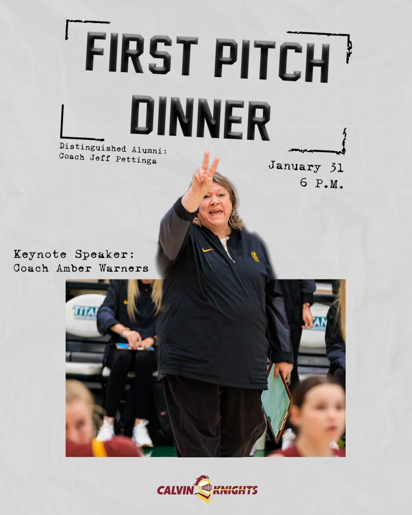 We&rsquo;re about a month away from our 2nd Annual First Pitch Dinner!

We are excited to announce our Keynote Speaker is the legendary Coach Amber Warners!

For sponsorship opportunities please contact patrick.clark@calvin.edu

For more information 