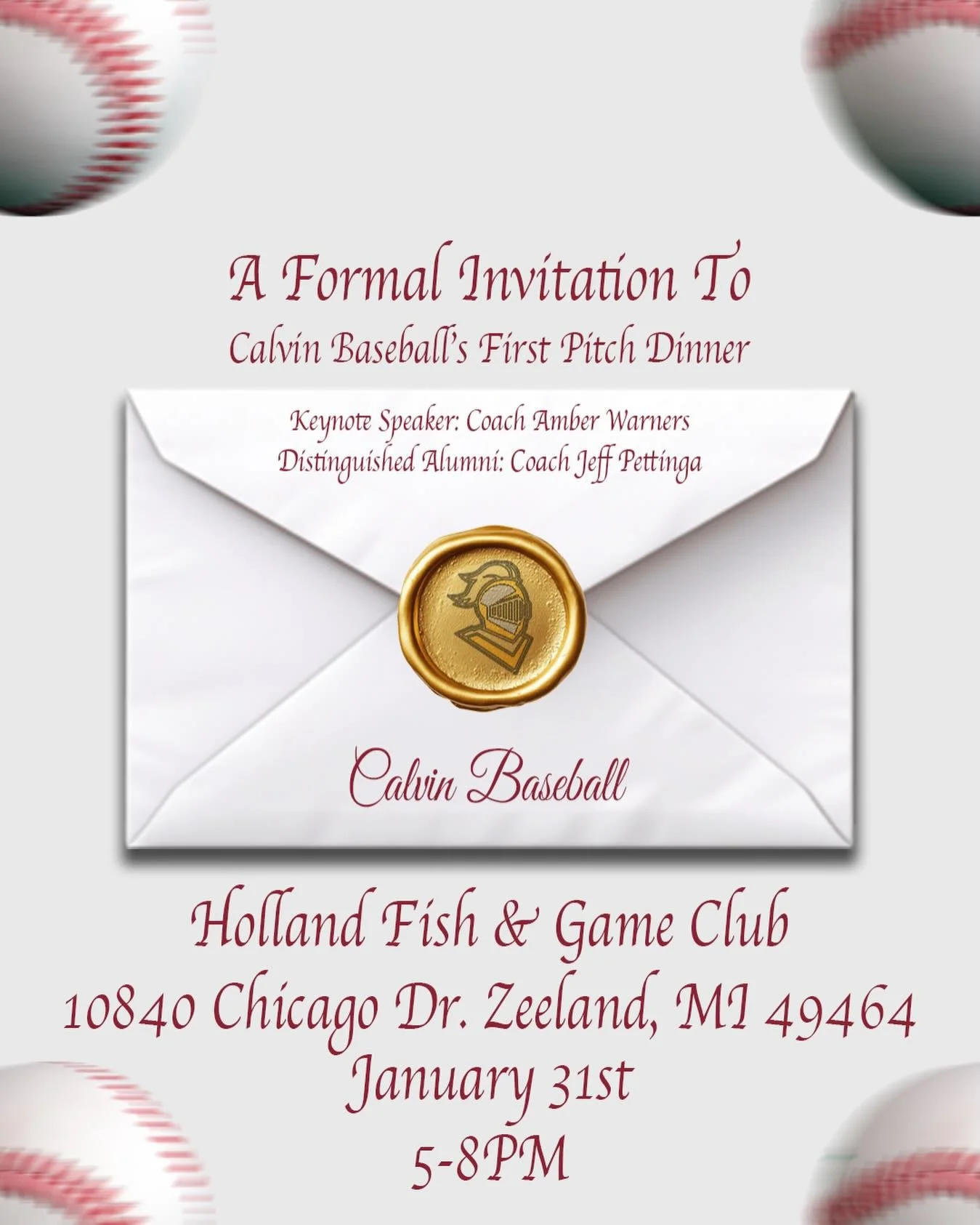 ⏳ Countdown is ON &mdash; 19 days to go! ⚾️

Join us for our 2nd Annual First Pitch Dinner
📅 January 31
⏰ 5&ndash;8 PM

🎤 Distinguished Alumni: Coach Jeff Pettinga
🎙️ Keynote Speaker: Coach Amber Warners

🧺 23 Silent Auction Baskets
🔥 12 Live Au