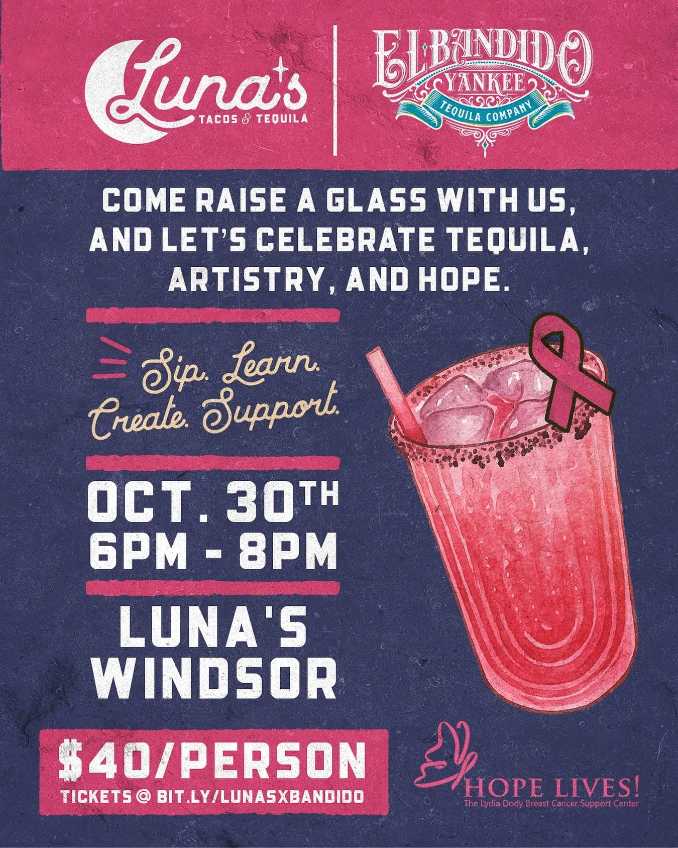 Join us October 30th for a one-of-a-kind El Bandido Yankee Sip &amp; Paint Night! 🌙

Guests will enjoy a welcome cocktail, a guided tequila flight with brand and agave education, and a special message from Hope Lives. Then, let your creativity flow 