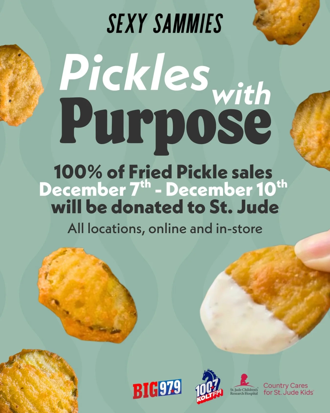 Fried pickles with purpose? Say less! Starting today through December 10th, 100% of fried pickle sales from go to @stjude 🥒🤍

All locations, online and in-store. Support St. Jude and satisfy those pickle cravings! 👀