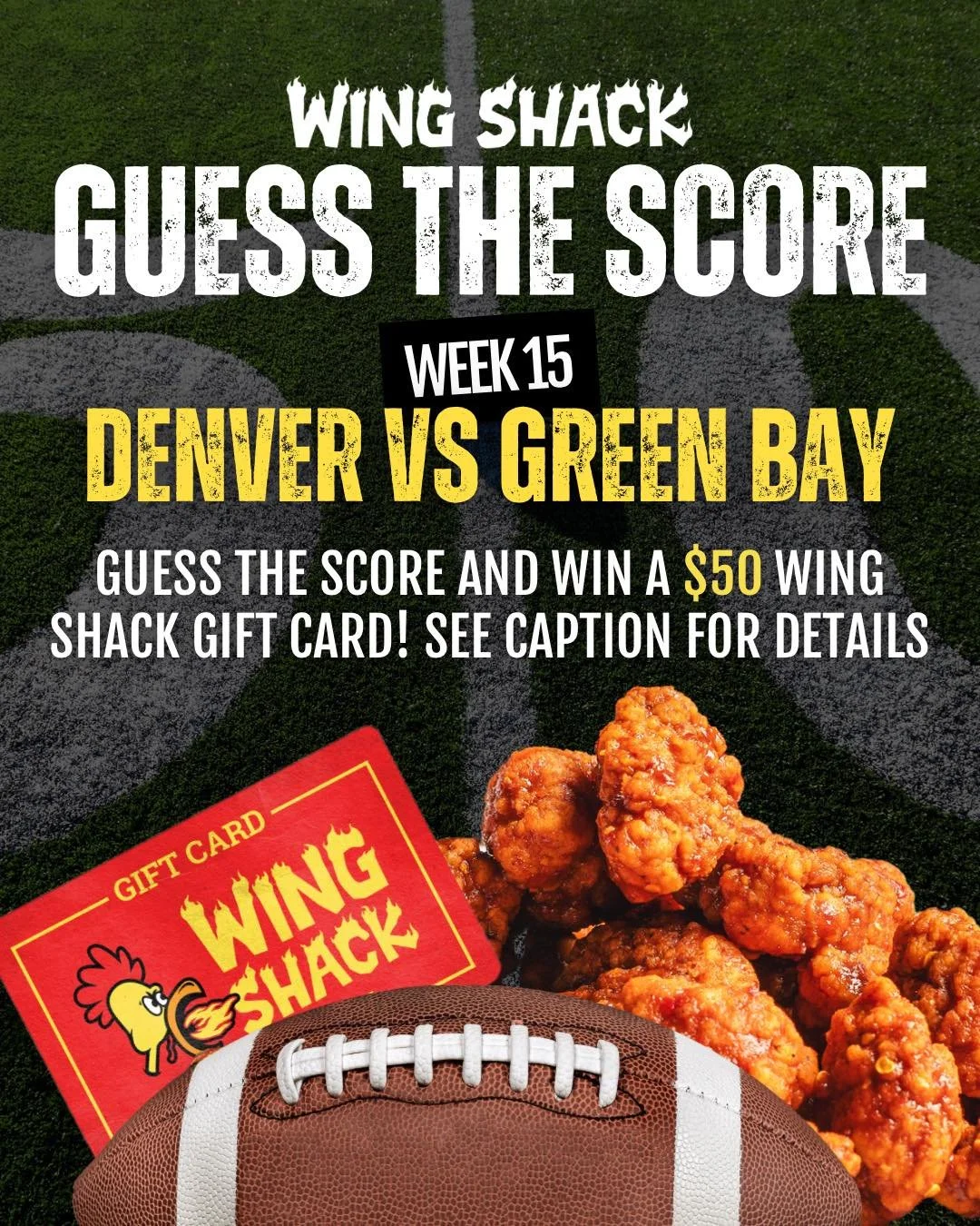 Denver fans&hellip; Sunday just got saucier! It&rsquo;s time for GUESS THE SCORE: Denver VS GREEN BAY 🏈🔥

We had a winner last week, so let's see if we can keep a winning streak! You could snag a $50 Wing Shack gift card if you guess the score and 