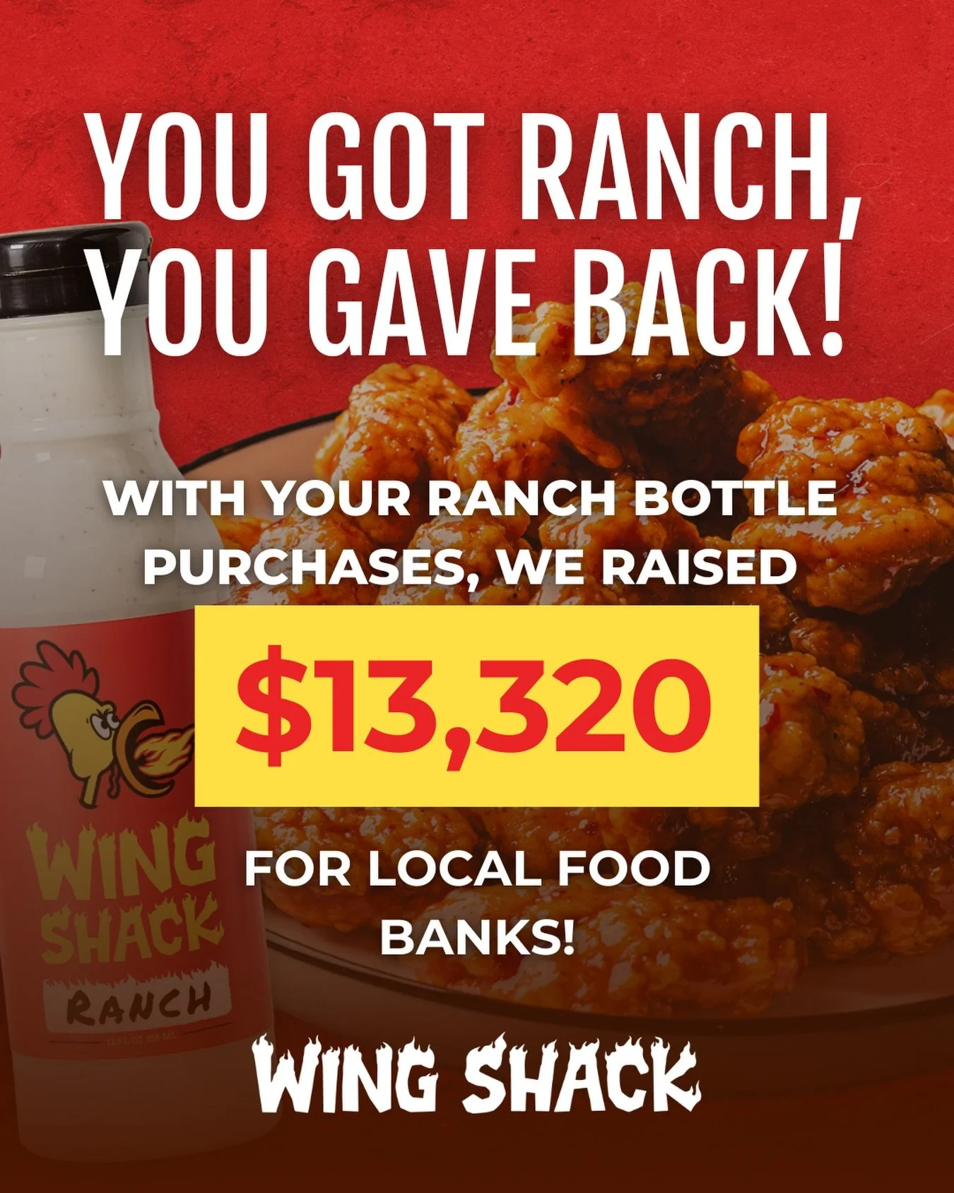 HUGE shoutout to everyone who purchased a bottle of Wing Shack during Get Ranch, Give Back last month! 🔥 We raised 💥$13,320💥 for local food banks around Northern Colorado and Wyoming, and it&rsquo;s all thanks to our amazing, ranch-loving communit