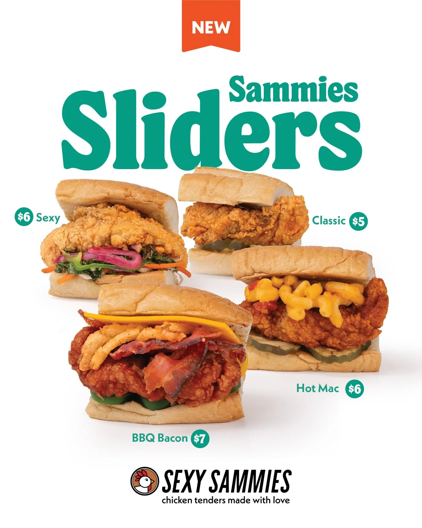 Introducing Sammies Sliders! 4 flavors to choose
from, each with all-natural handbreaded chicken
tenders. 🐔

Keep it original with our Classic Slider for
$5, or get Saucy with a Sexy Slider or a Hot Mac
Slider for just $6 each. Or if you&rsquo;re fe